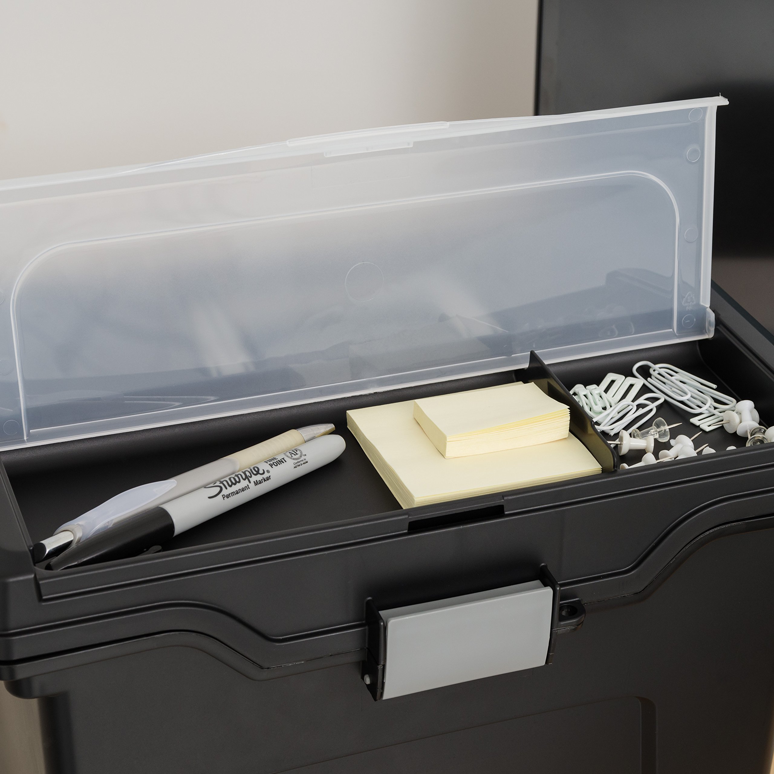 IRIS USA 4-Pack Black File Box with Lid - Water Resistant Plastic Document Organizer with Secure Buckle, Portable Handle & Lockable Design | Perfect for Office Filing, Home Organization & Document Storage