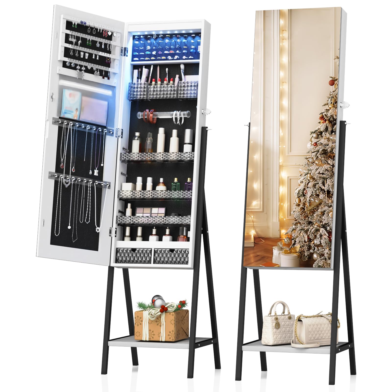 Full Length LED Mirror Jewelry Cabinet with Storage - Lockable Makeup Armoire with 2 Drawers, Large Cosmetic Organizer for Bedroom & Bathroom (White) - Perfect for Vanity, Dressing Room & Closet Organization