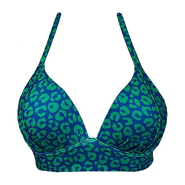 Stylish Blue and Green Jaguar Print Brazilian Halter Bikini Top - Sexy Swimwear for Beach, Pool, or Tropical Vacations