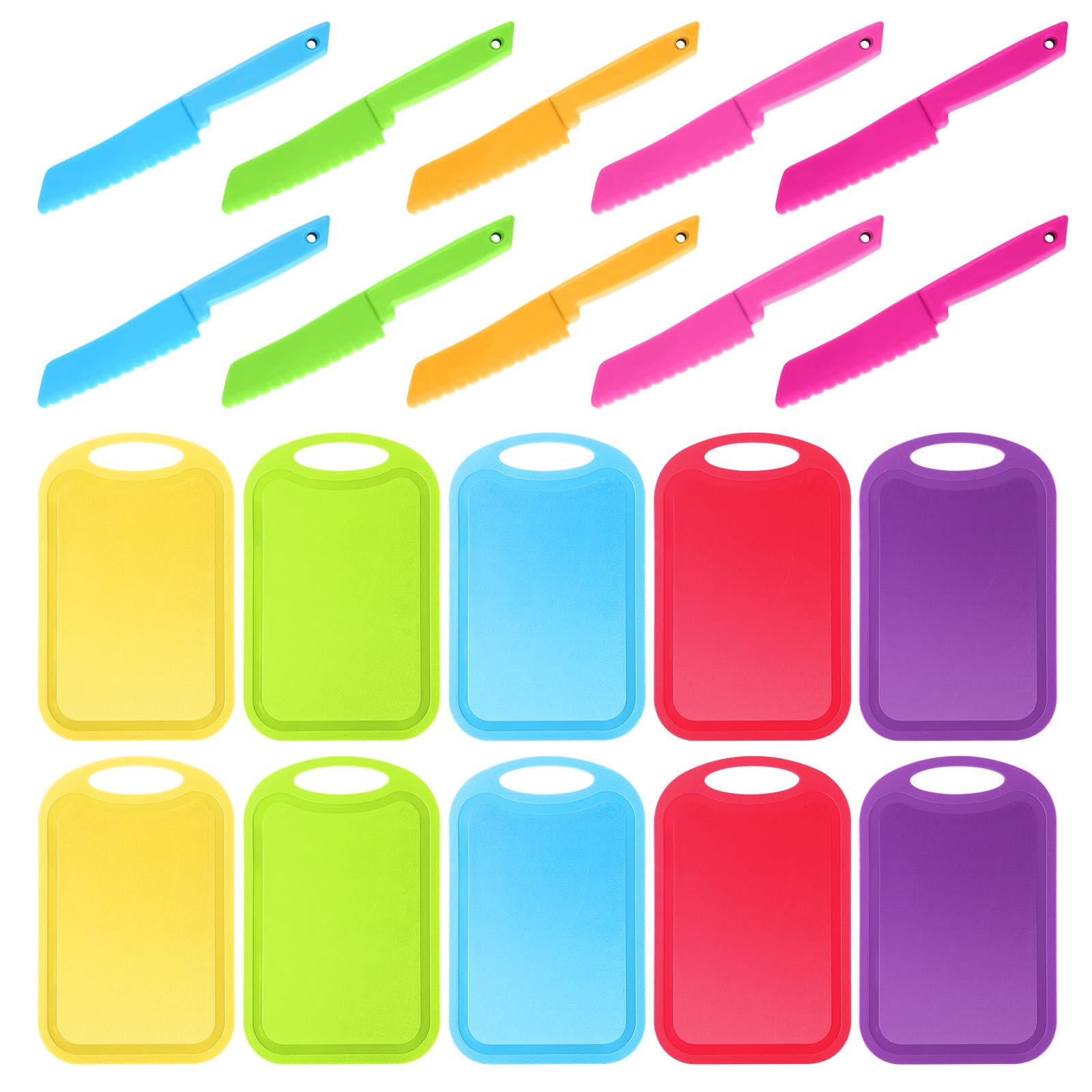 Yinkin 20-Piece Kids Plastic Knife Set with Cutting Board - Safe Toddler Cooking Tools (10 Child-Safe Knives + 10 Chopping Boards) - Perfect for Preschool Cooking Club, Home Kitchen Learning & Montessori Activities