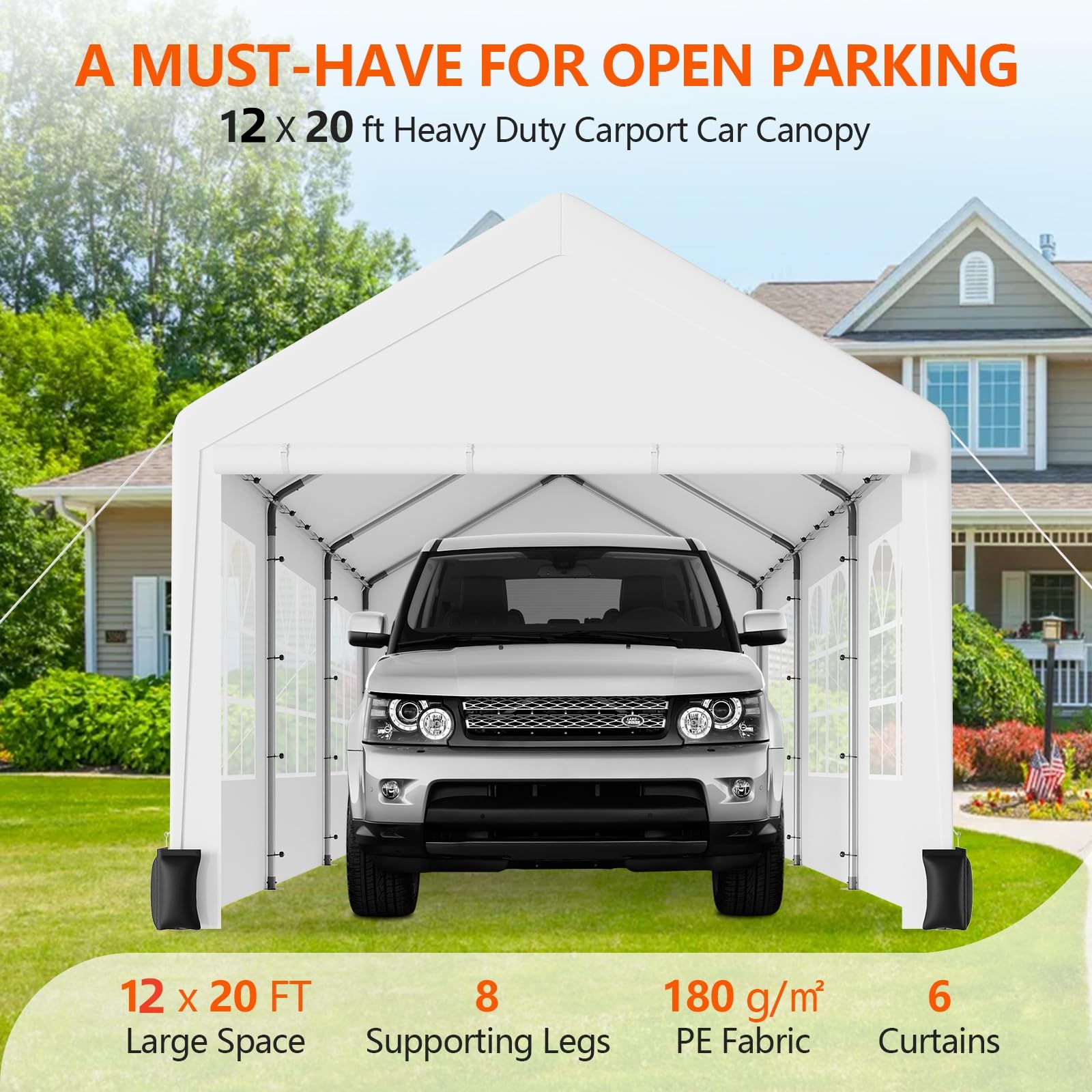 GARVEE 12'x20' Heavy Duty Portable Carport Canopy - All Season Waterproof Car Tent Garage with 6 Roll-Up Windows, Metal Roof & 4 Sandbags - Ideal for Vehicle Protection, Outdoor Storage, RV Shelter & Backyard Events (White)
