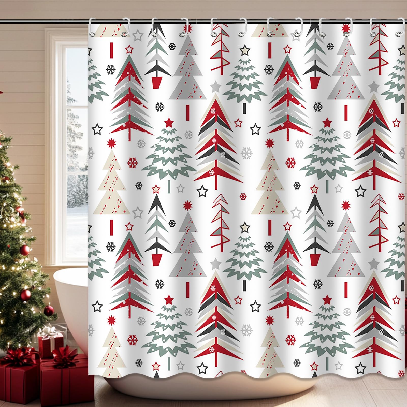 Christmas Shower Curtain - Xmas Tree Farmhouse Holiday Bathroom Decor with 12 Hooks | Waterproof Polyester Fabric for Festive Bathroom Decorations (Perfect for Christmas, Winter Holidays & Home Party Decor)