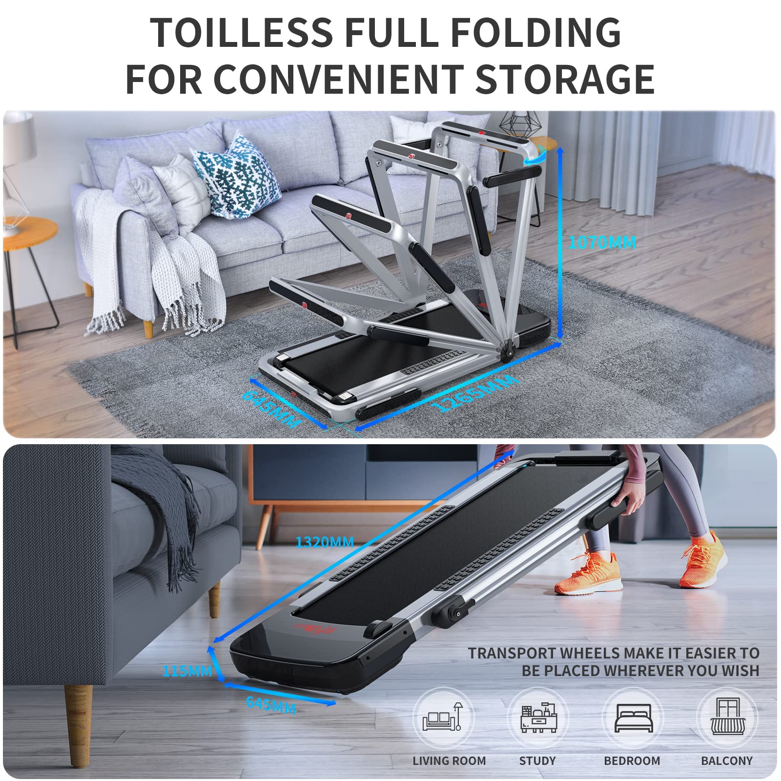 FLYLINKTECH 2 in 1 Folding Treadmill for Home Use - 14 km/h Max Speed with Remote Control - Compact Walking & Running Machine for Indoor Fitness - Perfect for Small Spaces & Home Gym Workouts (Silvery)