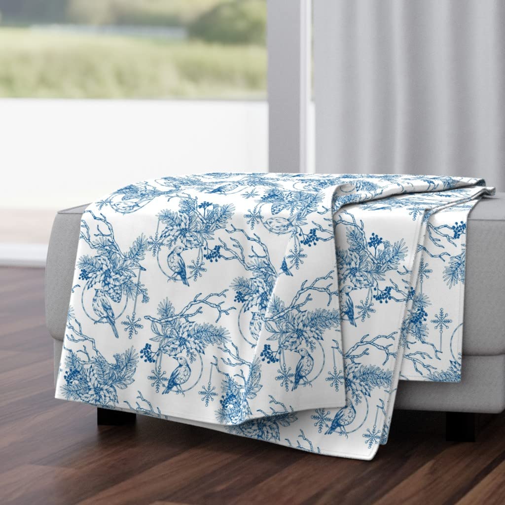 Soft Plush Minky Throw Blanket 50x70 Inches - Christmas Blue Toile Vintage Holiday Print Cozy Blanket for Bed, Sofa & Winter Decor