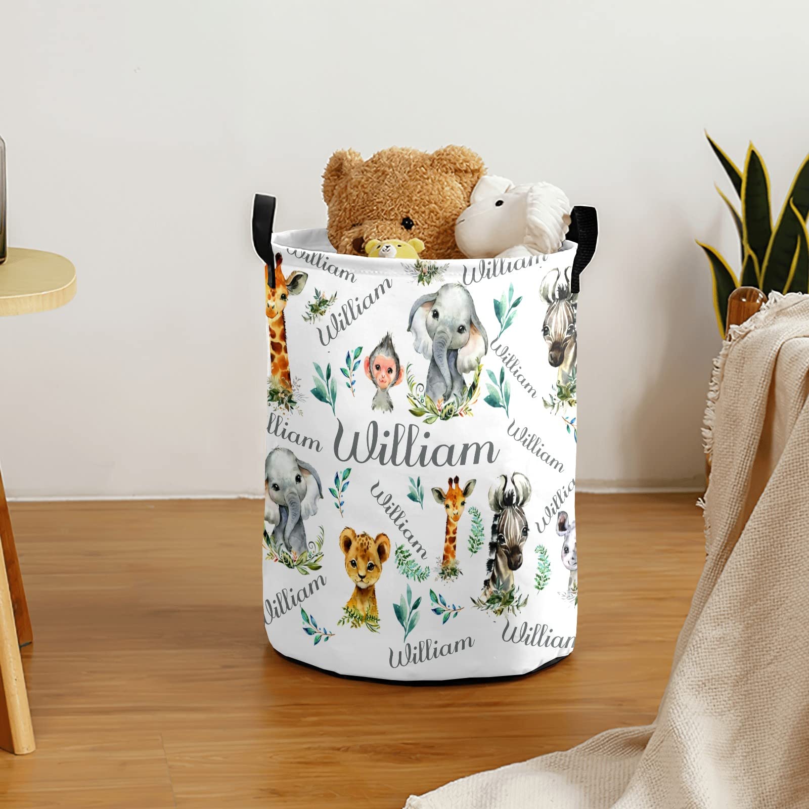 Personalized Safari Animal Laundry Hamper - Waterproof Collapsible Storage Bin with Drawstring & Handle for Clothes & Toys (50cm x 36cm) | Kids' Room Decor, Nursery Organization & Playroom Storage