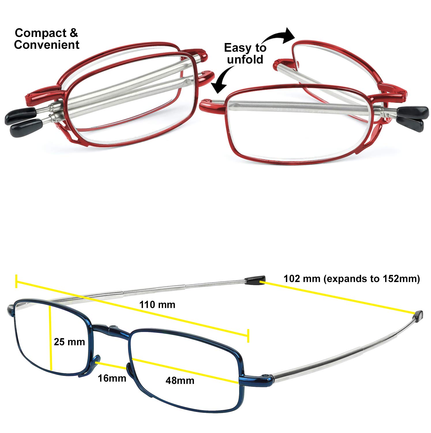 Success Eyewear Reading Glasses 2-Pack - Black & Gunmetal Folding Readers with Case | Compact Unisex Glasses for Reading, Travel & Everyday Use