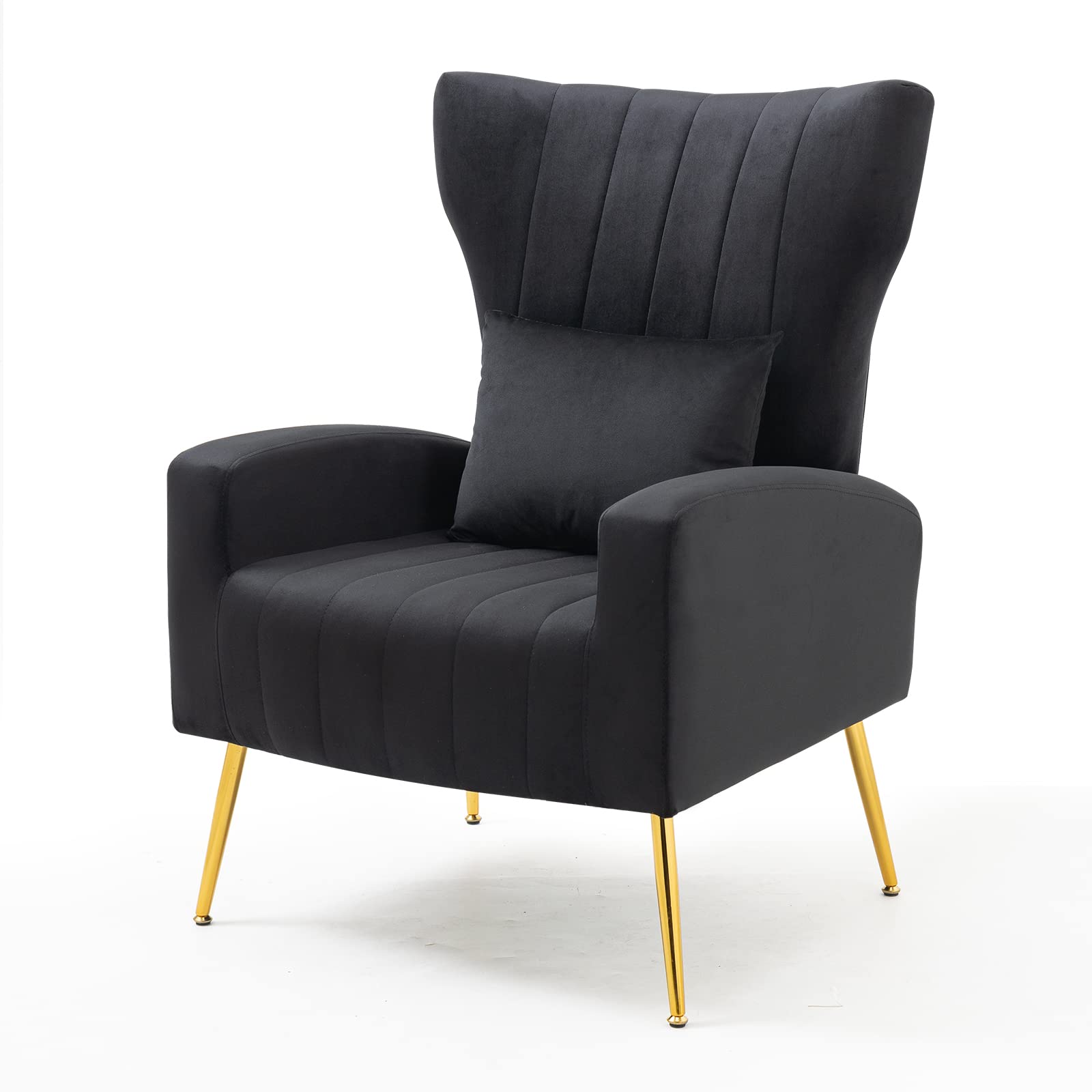 Velvet Accent Chair with Lumbar Pillow - Mid Century Modern High Back Armchair with Golden Metal Legs for Living Room & Bedroom | Comfortable Vanity Chair with Armrests - Perfect for Reading Nook, Home Office or Dressing Area