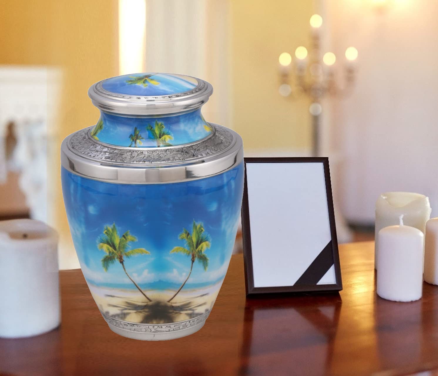 Handcrafted Metal Cremation Urn with Free Velvet Bag - Elegant Beach Design for Ashes Keepsake - Perfect for Memorial Services & Home Display