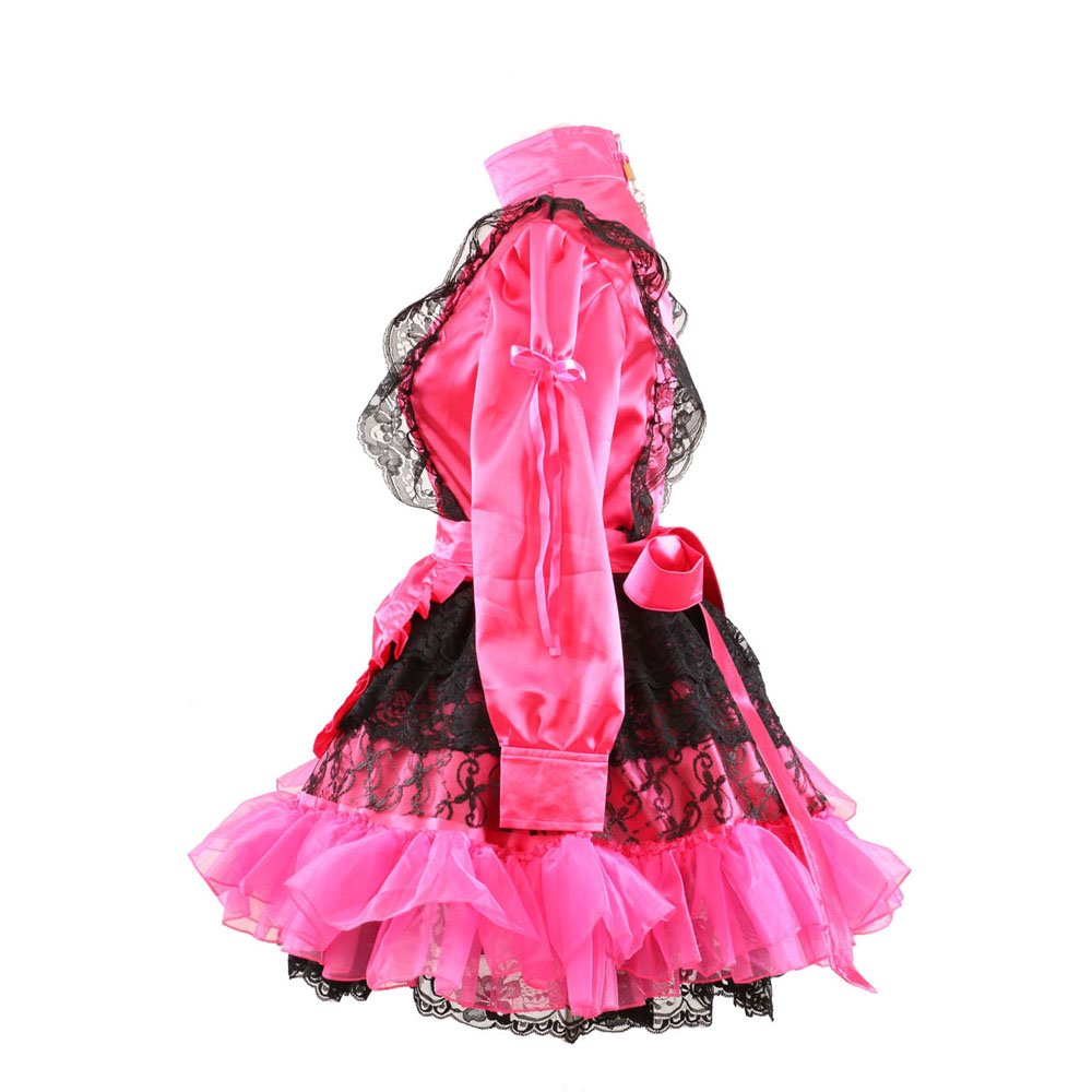 Lockable Pink & Red Satin French Maid Costume - Long Sleeve Pleated Dress for Cosplay, Halloween & Role Play