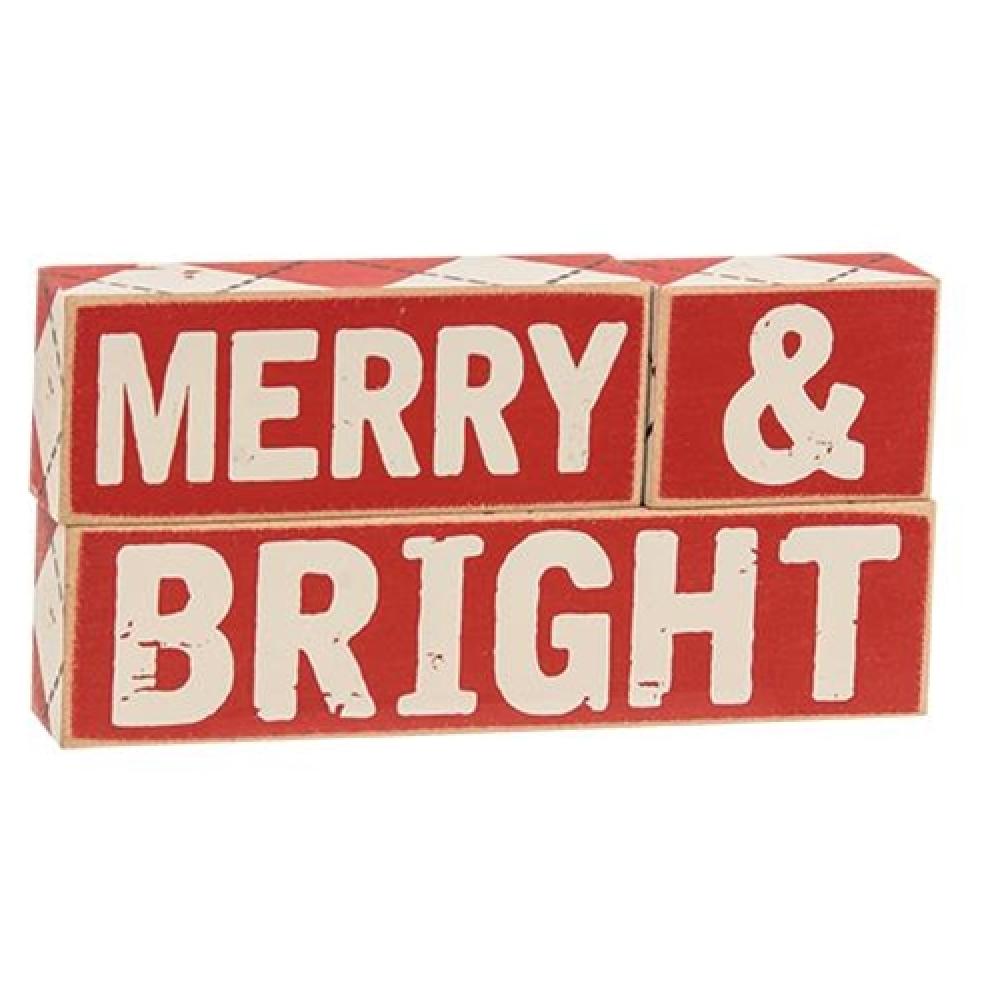 3-Piece Plaid Merry & Bright Wooden Block Set - Perfect for Christmas Decor, Nursery Room, and Holiday Home Staging