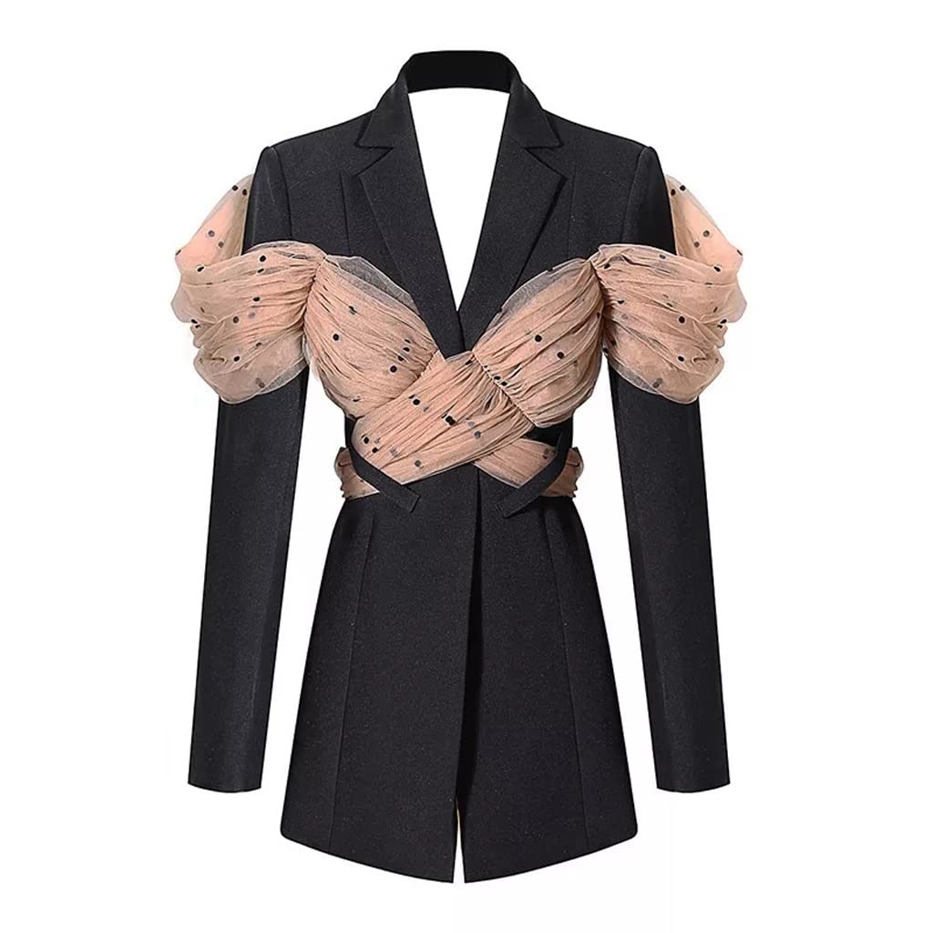 WDBBY Women's Casual Patchwork Dot Mesh Blazer - Notched Long Sleeve Backless Fashion Jacket (Black, Size S) | Perfect for Office Wear, Evening Parties & Stylish Outfits