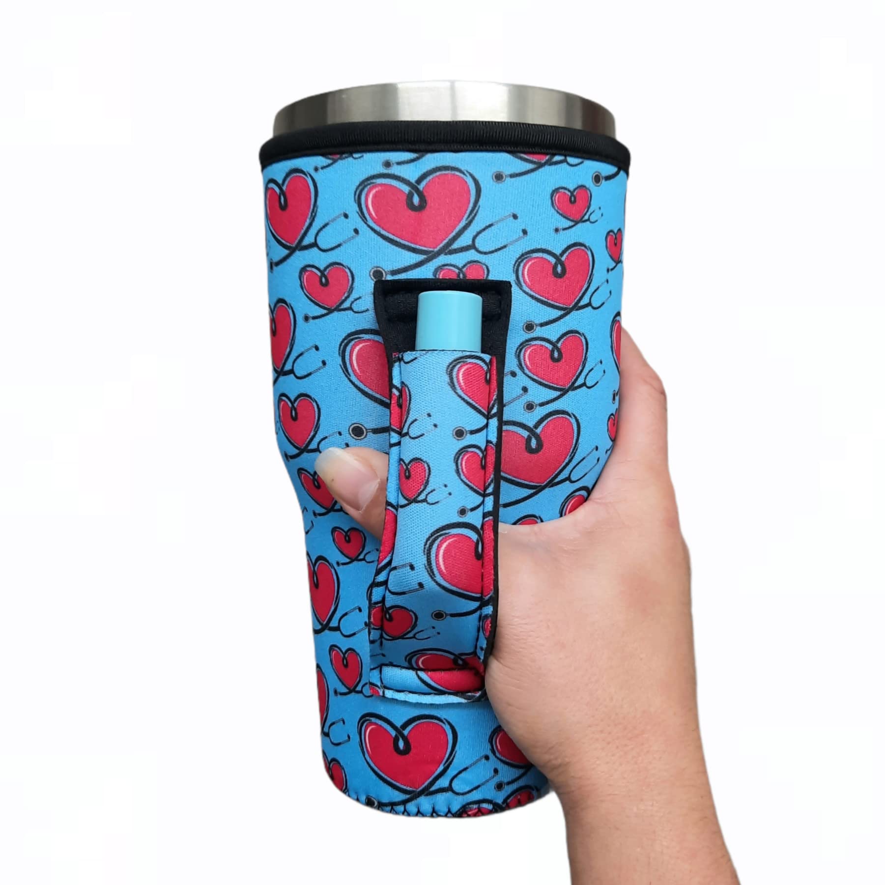 30-38oz Neoprene Tumbler Sleeve with Handle & Pocket - Insulated Water Resistant Cup Cover for Beer, Cans & Shaker Bottles - Perfect for Beach, Camping, Office & Travel (Love A Nurse Design)