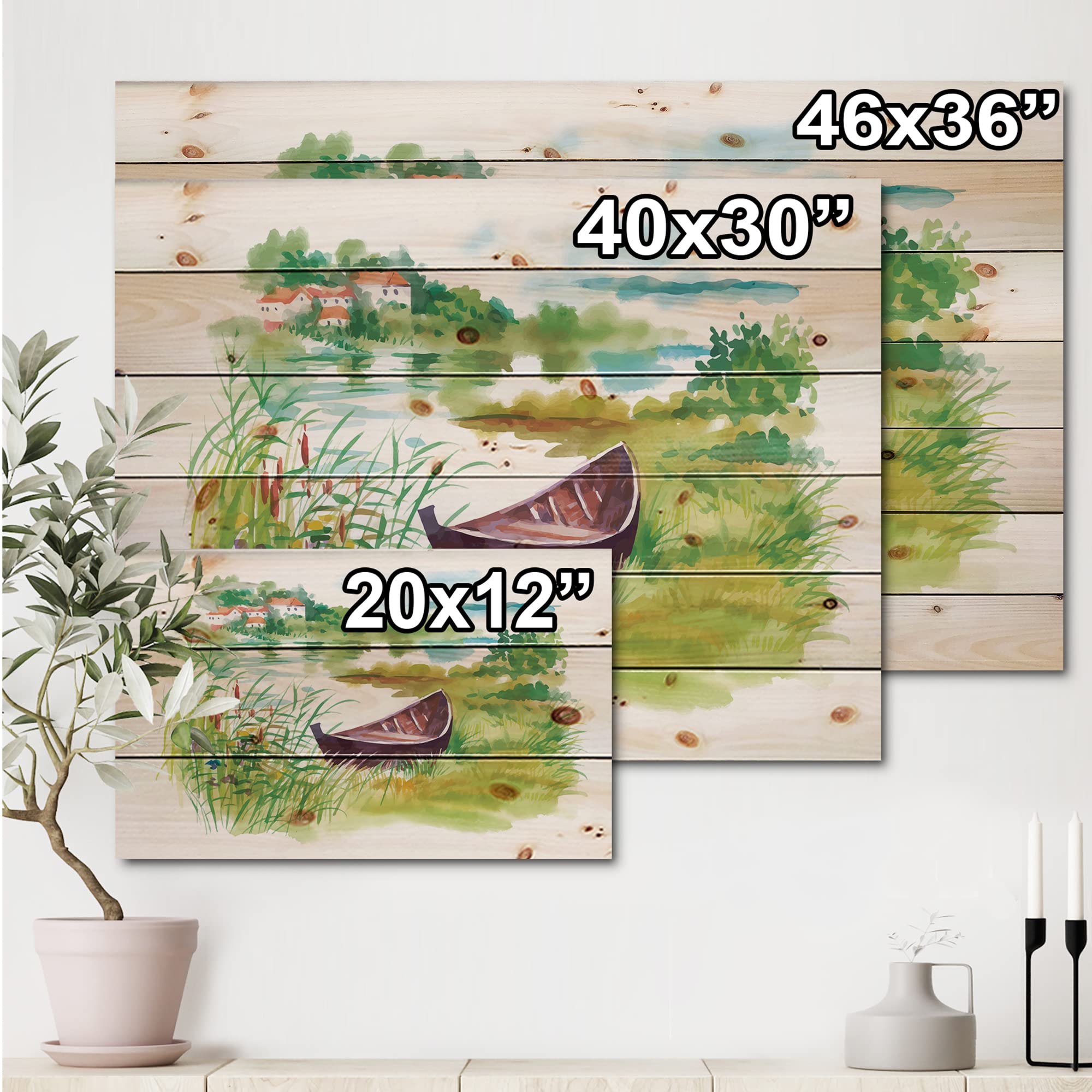 DesignQ Rustic Green Landscape with Boat Lake House Wood Wall Decor - Large Pine Wood Wall Art Panel, Natural Wooden Wall Hanging for Living Room, Bedroom & Cabin Decor