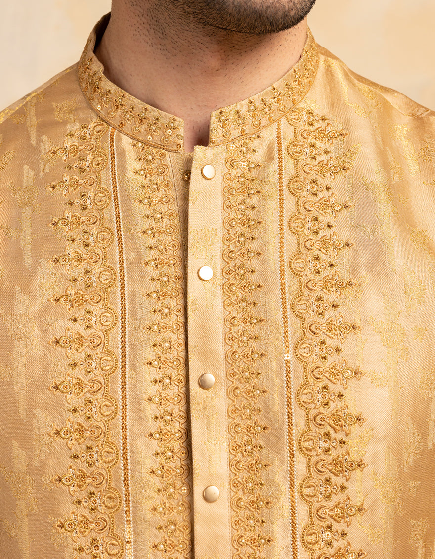Premium Blended Golden Kurta by J. Junaid Jamshed - Elegant Traditional Pakistani Attire for Men, Perfect for Weddings, Festivals & Special Occasions