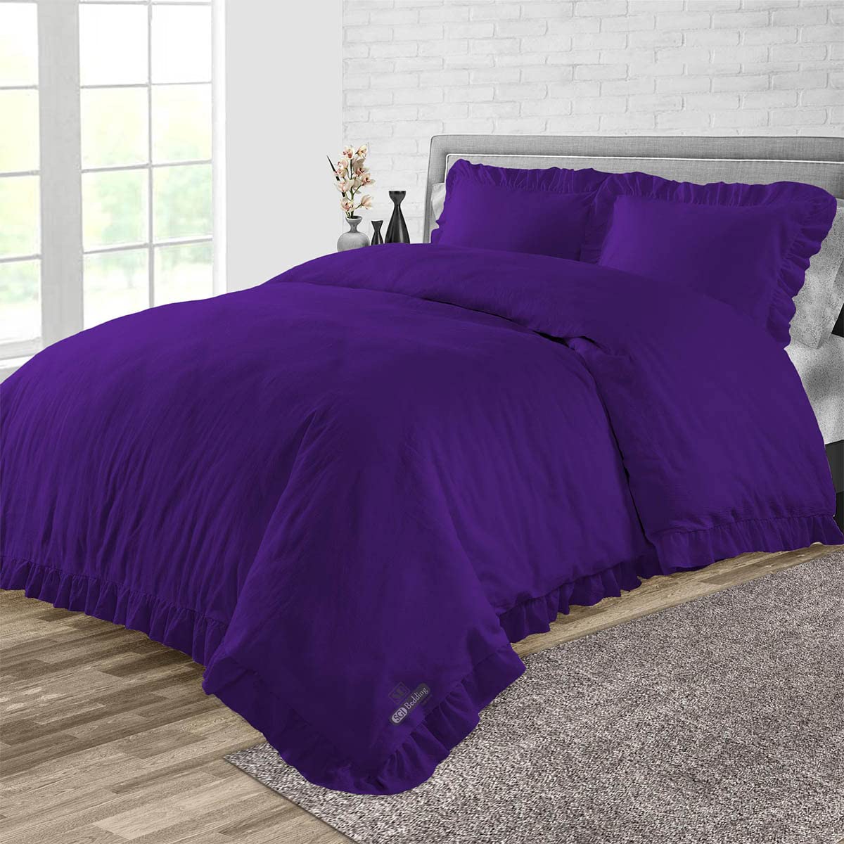 Premium Egyptian Cotton 600 Thread Count Oversized Queen Duvet Cover Set - Ultra Soft, Breathable 3-Piece Bedding with Zipper Closure & Corner Ties - Elegant Purple Ruffle Trim for Luxurious Bedroom Decor