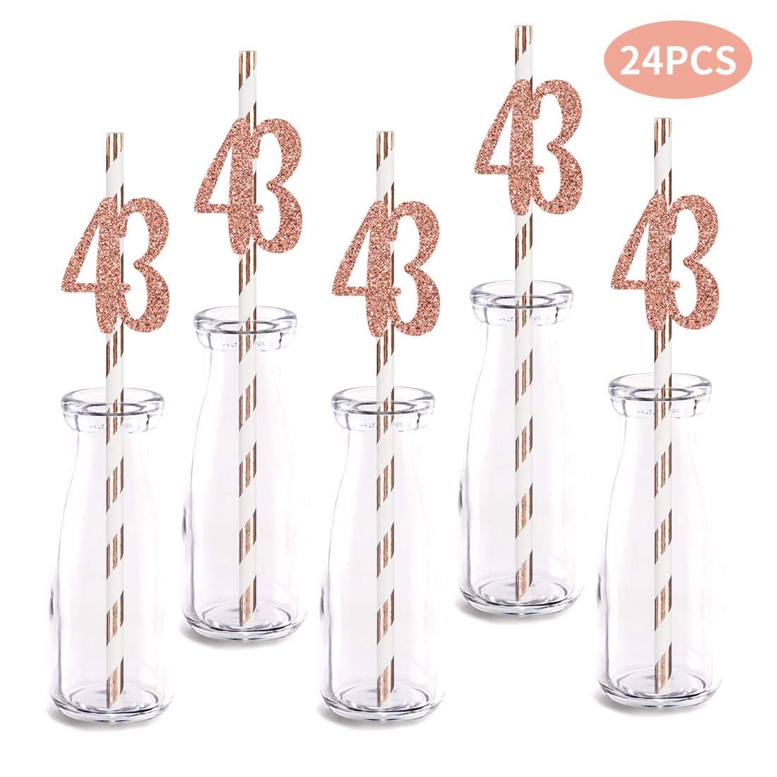 Rose Gold Glitter 43rd Birthday Straw Decorations - 24pcs Cut-Out Number 43 Party Drinking Straws for Birthday Celebrations, Anniversaries & Special Events