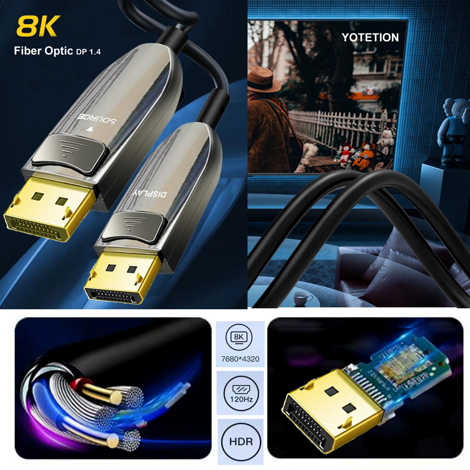 8K Fiber Optic DisplayPort Cable 125FT - 32.4Gbps DP to DP Cable 1.4 Supports 8K@60Hz, 4K@240Hz, 2K@240Hz for Gaming Monitors, Graphics Cards, PC - Ultra HD Gaming & Professional Video Editing