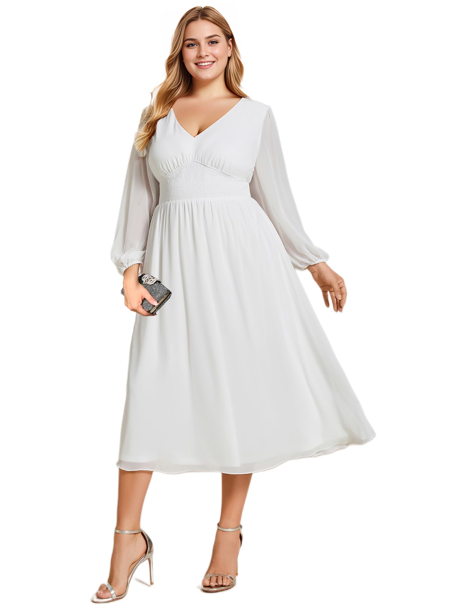 Ever-Pretty Women's Plus Size A-Line V-Neck Lantern Sleeve Midi Formal Dress for Curvy Women 01929-DA - Perfect for Weddings, Parties & Special Occasions