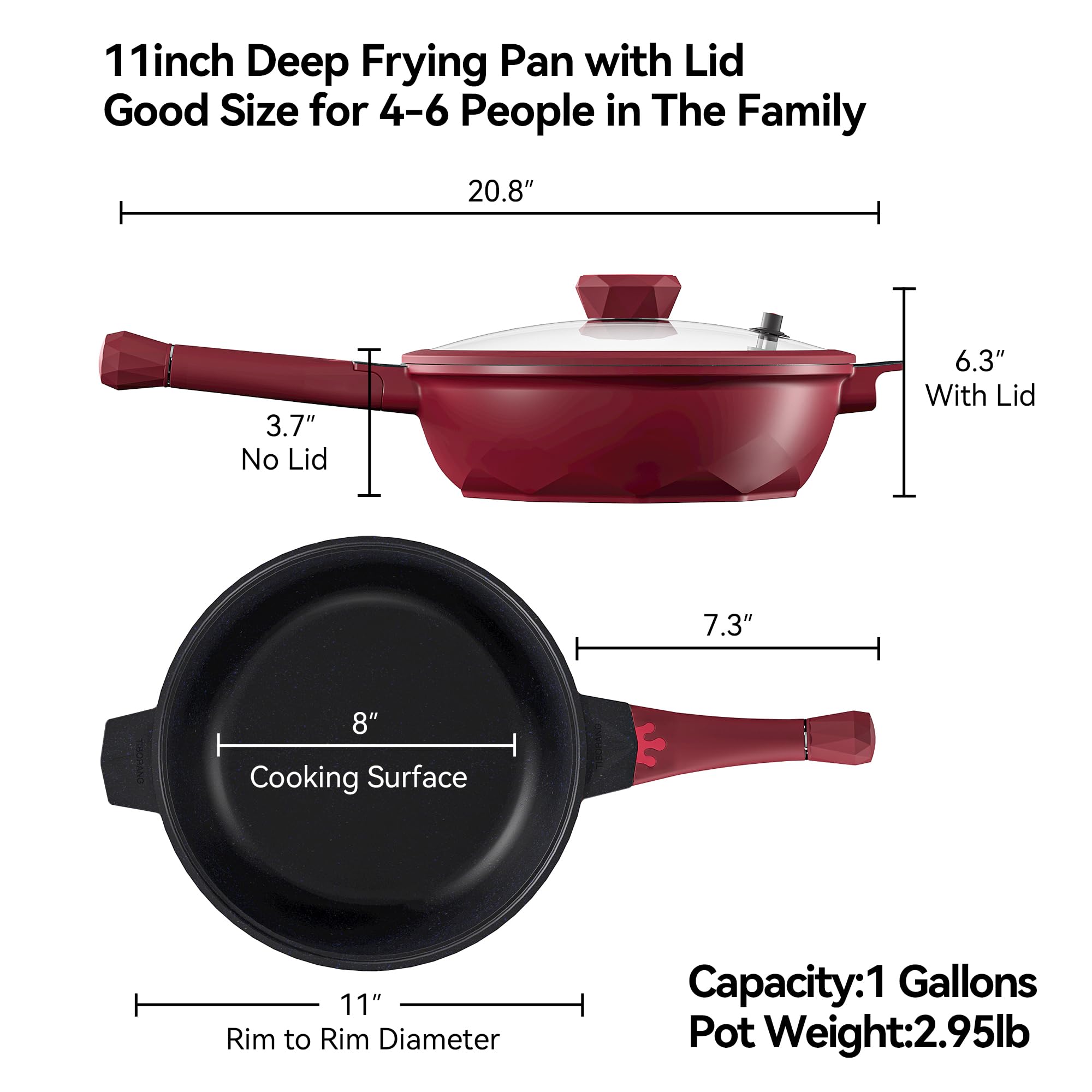 TIBORANG 8-in-1 Nonstick Deep Fry Pan with Glass Lid - 11 Inch 5 Quart Multi-Purpose Cookware with Heat Indicator, Stay-Cool Handle & Steamer Rack - PFOA-Free, Dishwasher & Oven Safe - Works with All Stovetops (Ruby Red) - Perfect for Frying, Steaming, Sautéing & Baking