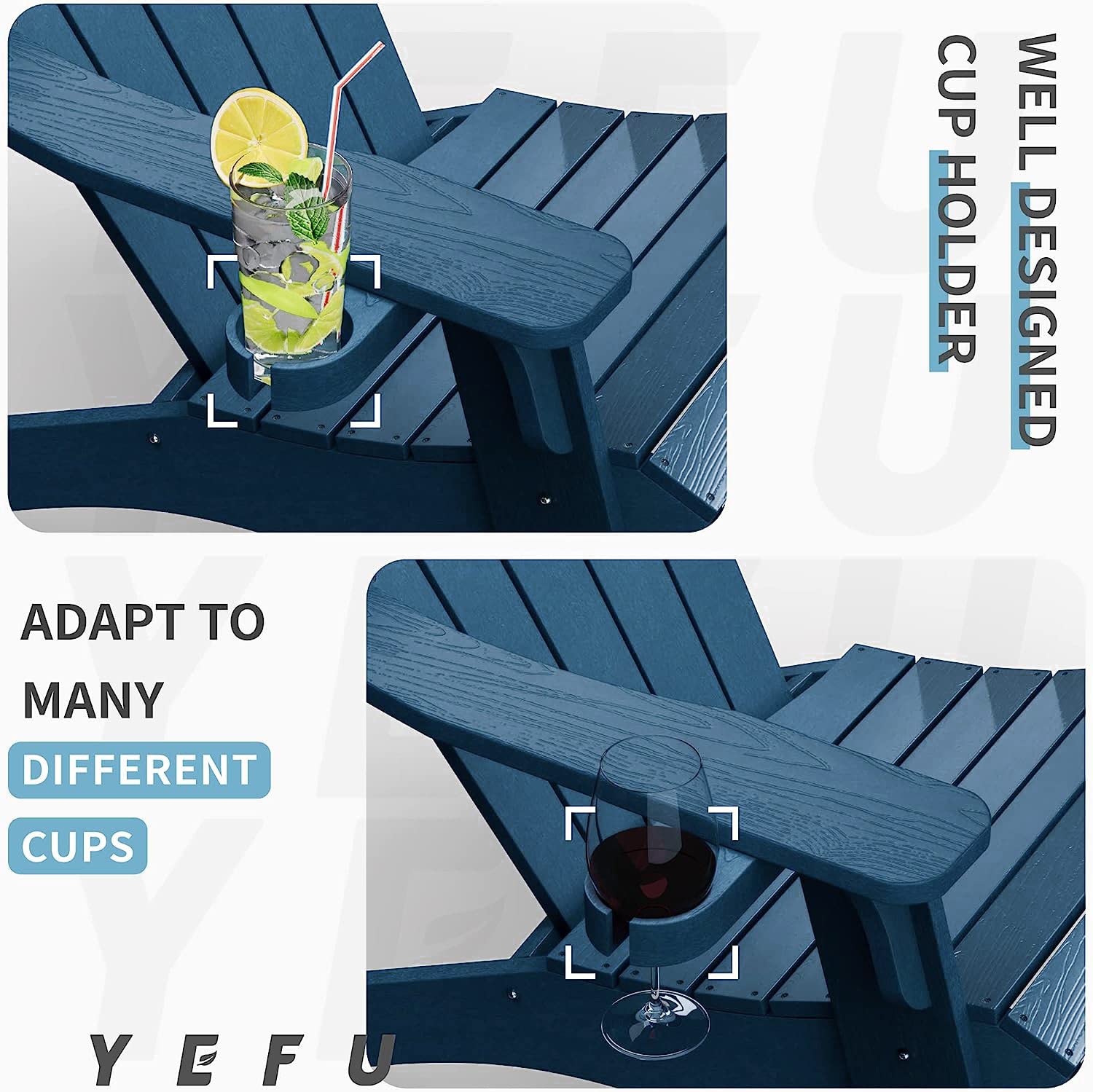 YEFU Oversized Plastic Adirondack Chair Set of 4 - Weather Resistant Outdoor Patio Furniture with Cup Holders, Heavy Duty Poly Lumber for Deck, Garden, Lawn, Backyard & Poolside Relaxation - Navy Blue