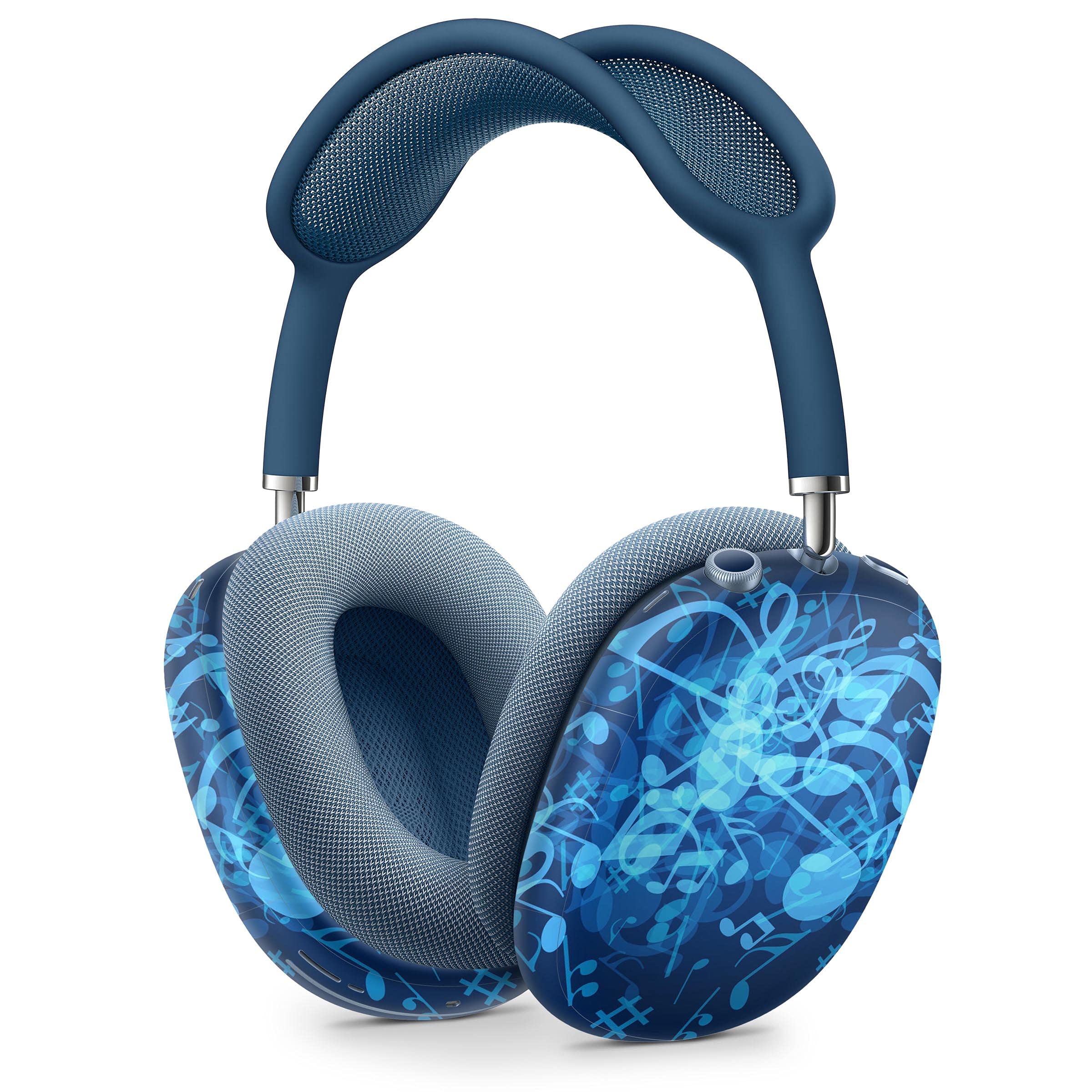Glowing Blue Music Notes Vinyl Skin Wrap for Apple AirPods Pro Max - Full Body Protective Decal Cover Compatible with Wireless Bluetooth Headphones - Perfect for Music Lovers, DJs & Gift Giving