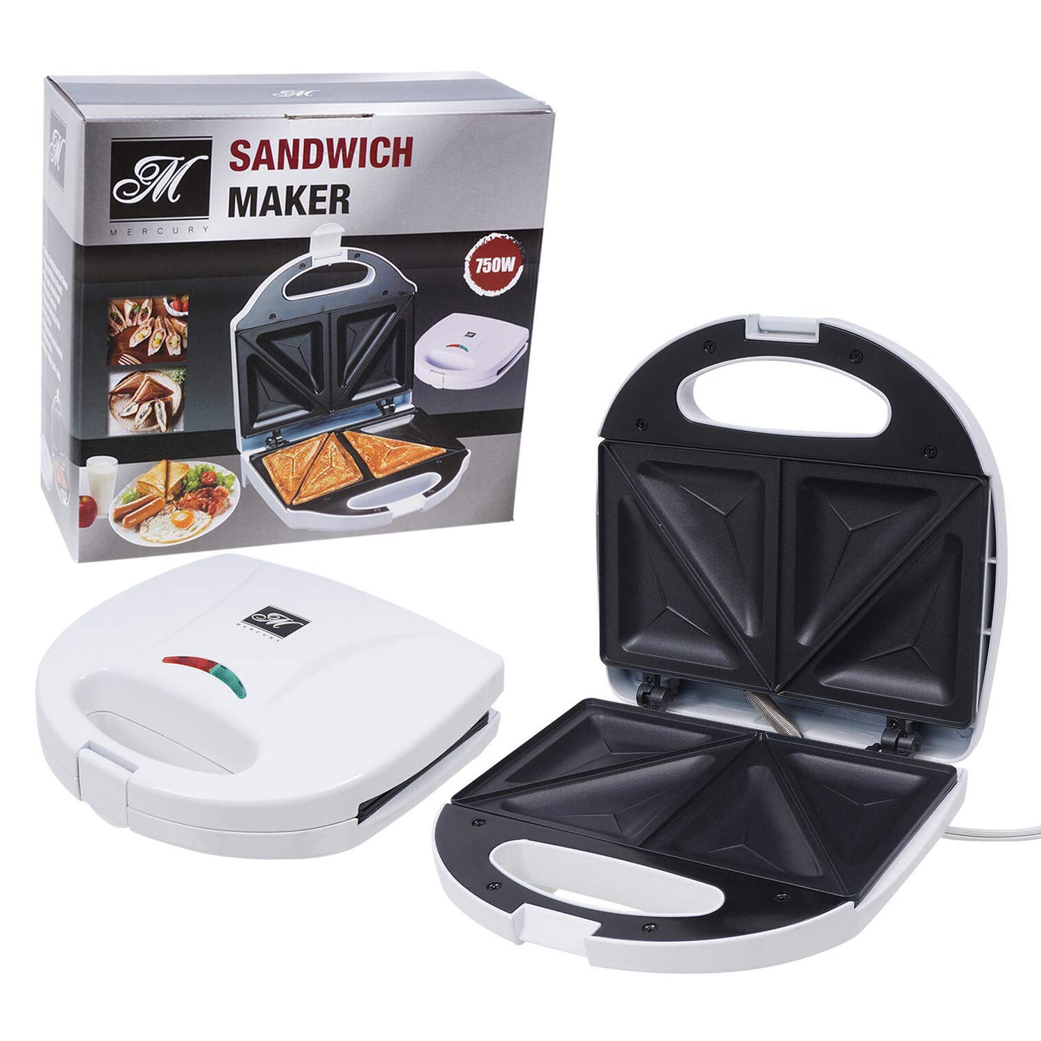 Non-Stick Mercury Sandwich Maker & Toaster - 2-in-1 Breakfast Appliance for Grilled Cheese, Paninis & Toast - Perfect for Home, Office & Dorm Use (Model 46781, White)