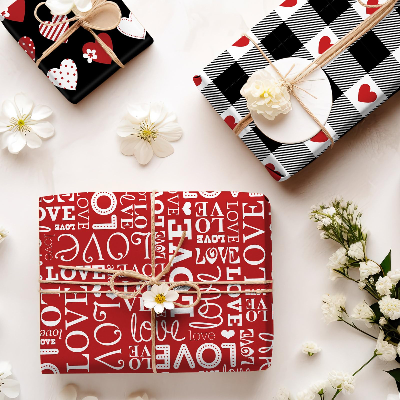 Whaline 12 Sheet Valentine's Day Wrapping Paper - Heart Love Plaid Design, Black Red Gift Wrap Paper Bulk for DIY Crafts, Wedding, Anniversary, Party, Gift Packing Supplies (19.7x27.6 Inch) - Perfect for Christmas, Birthday, Romantic Surprises & Special Occasions