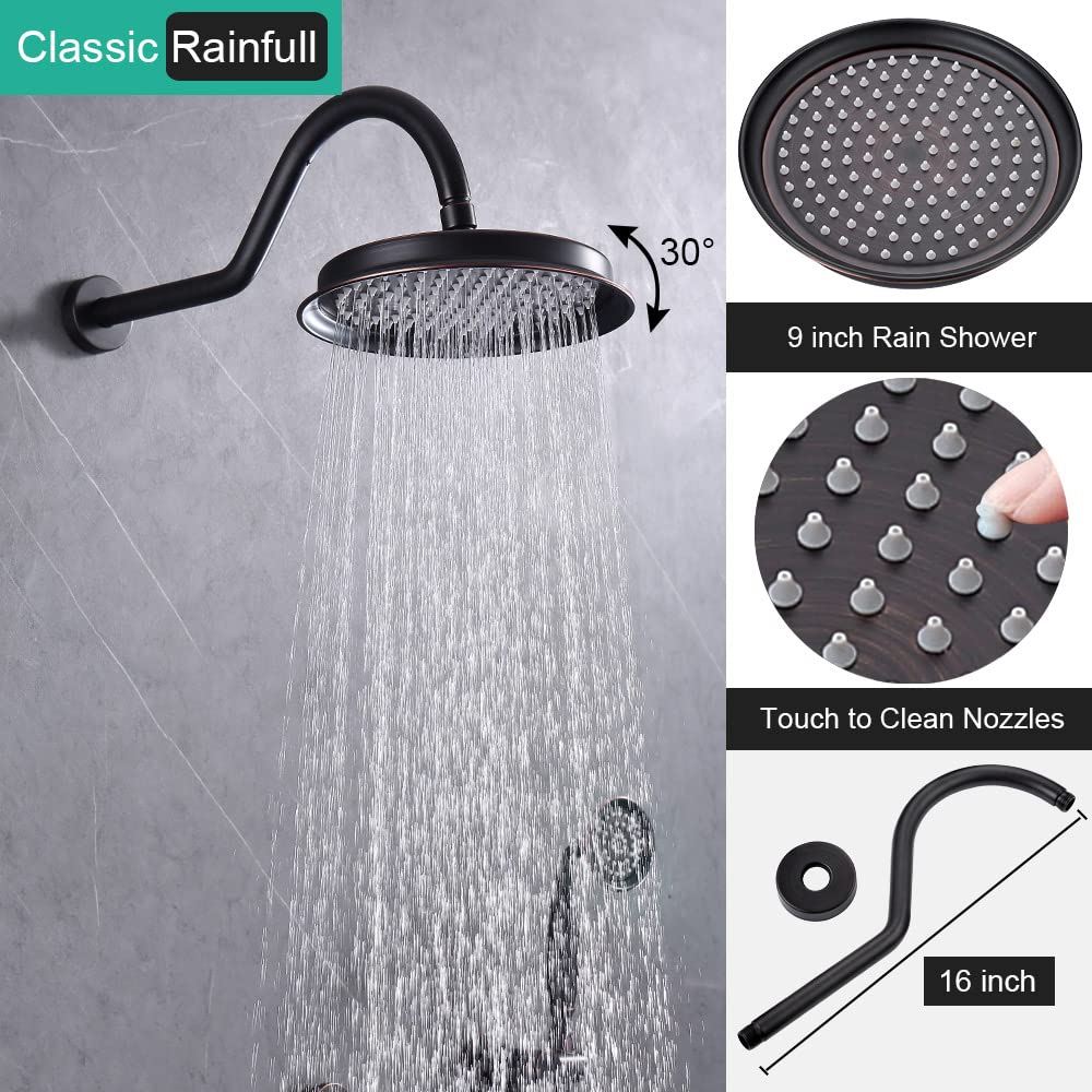 Antique Shower Faucet Set - 9 Inch Wall Mount Rain Shower Head with Handheld Spray & Body Jets, 3-Way Diverter Valve System & Trim Kit in Oil Rubbed Bronze Finish | Perfect for Luxury Bathroom Renovations & Spa-Like Shower Experiences