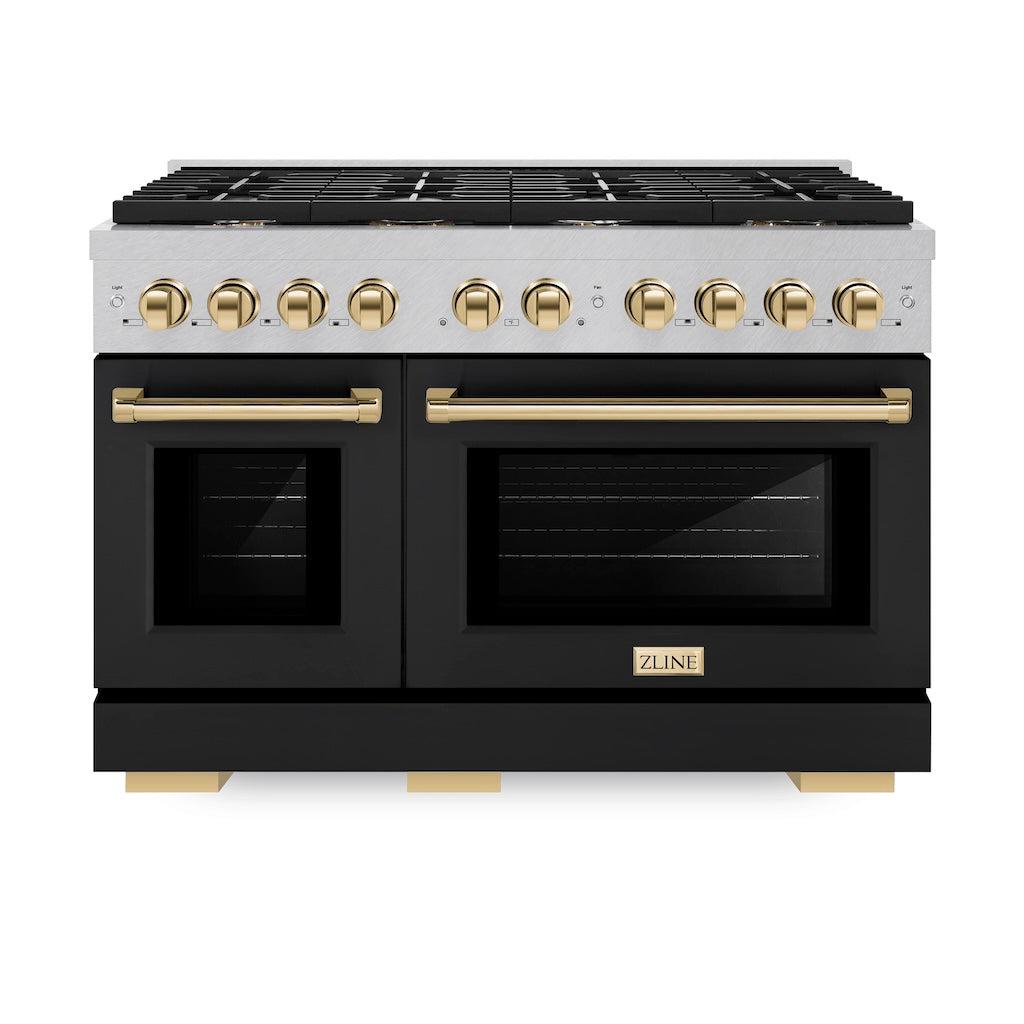 ZLINE Autograph Edition 48-inch 6.7 cu. ft. Paramount Double Oven Gas Range with 8-Burner Cooktop - Satin Stainless Steel with Black Matte Doors & Polished Gold Accents (SGRSZ BLM 48 G) - Perfect for Professional Kitchens & Luxury Home Cooking
