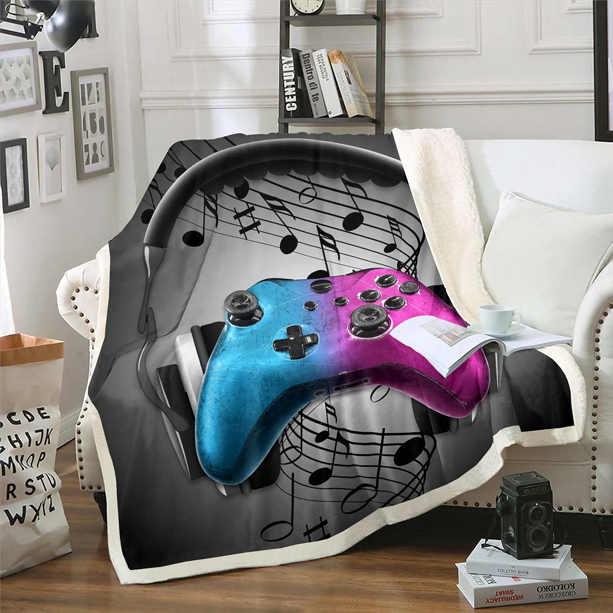 Kids Fleece Blanket with Musical Note & Headset Design - Soft Gaming Throw for Boys & Girls, Twin Size 60x80 Inches - Perfect for Bed, Couch, Sofa & Gaming Room Decor