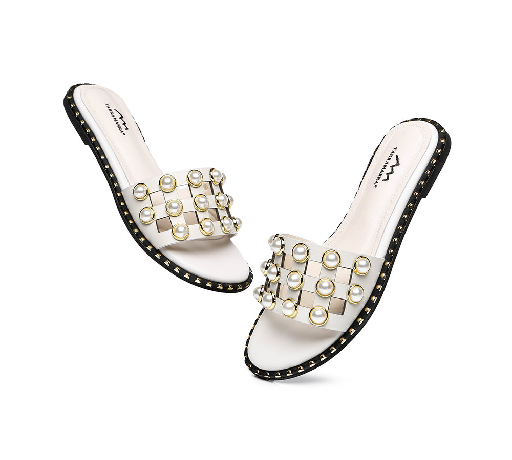 TARRAMARRA® Women's Leather Slides with Pearls - Comfortable Flat Sandals for Casual Wear, Beach, and Summer Outfits