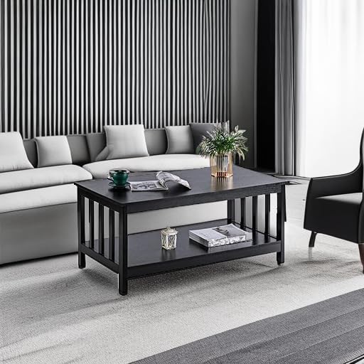 ChooChoo Mission Coffee Table - 40 Inch Black Wood Living Room Table with Shelf | Stylish & Functional Centerpiece for Small Spaces, Apartments, and Modern Home Decor