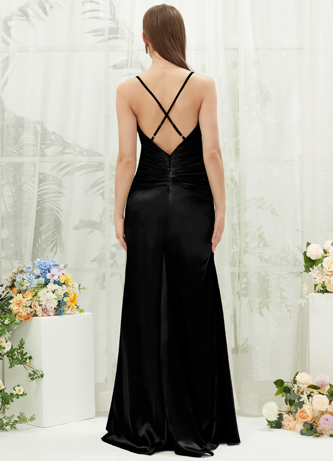 Elegant Black Satin Cowl Neck Backless Long Bridesmaid Dress with Adjustable Straps - Perfect for Weddings, Formal Events & Evening Parties