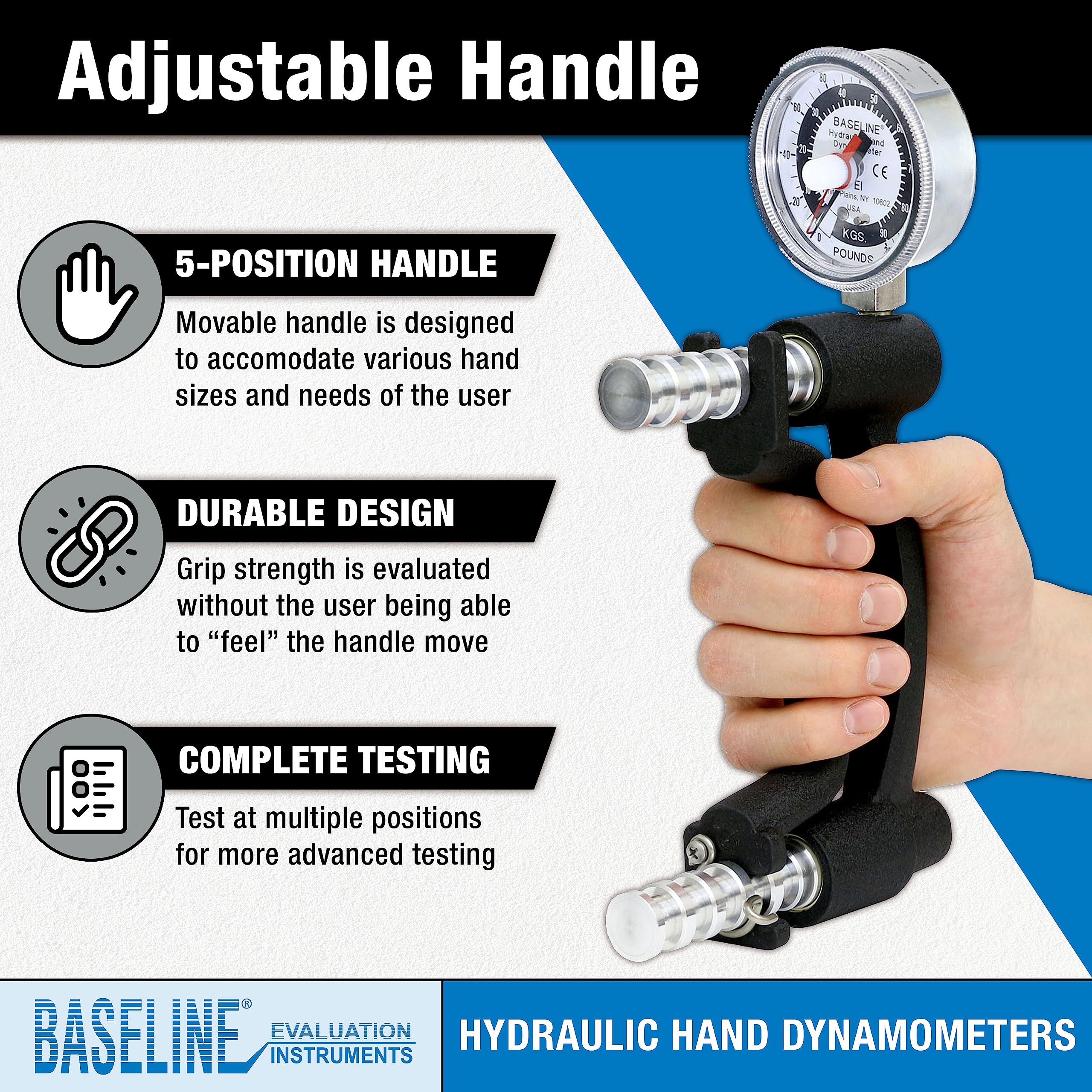 Baseline HD Hand Dynamometer - 200 lb Capacity Grip Strength Tester for Physical Therapy, Fitness & Rehabilitation - Perfect for Athletes, Therapists & Home Use