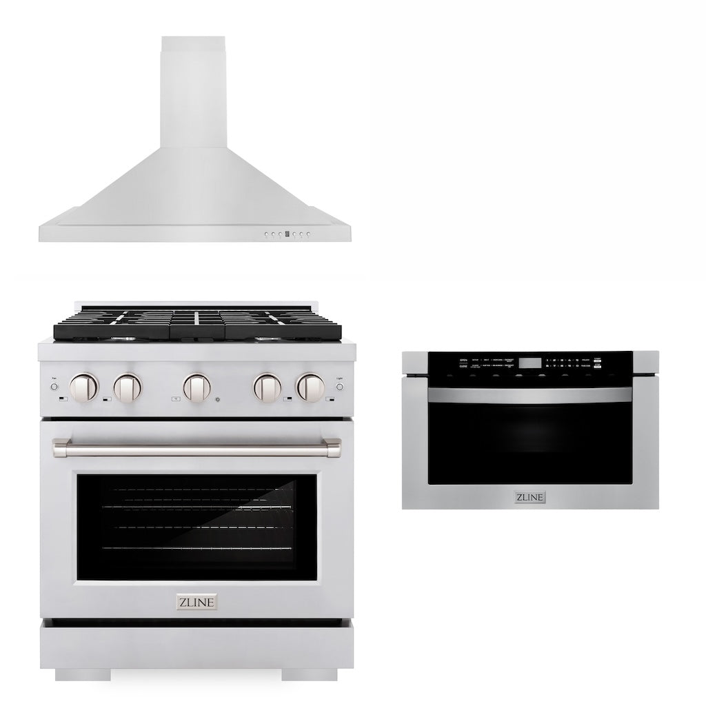 ZLINE 30 Inch Stainless Steel Kitchen Package - Gas Range, Convertible Range Hood & Built-In Microwave Drawer | Complete Kitchen Solution for Modern Homes | Perfect for Cooking, Baking & Entertaining