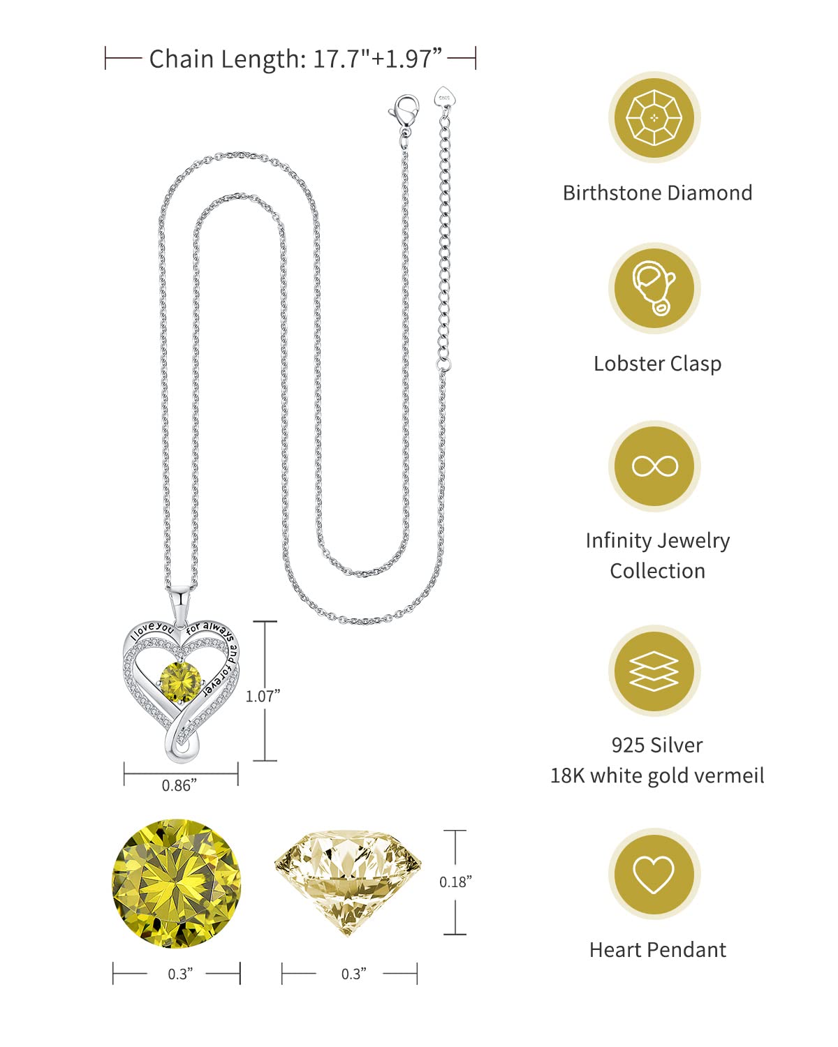 Infinity Heart Birthstone Necklace for Women - I Love You S925 Sterling Silver Jewelry Gift for Wife, Girlfriend, Mom, Daughter - Perfect for Anniversary, Birthday & Special Occasions | Elegant & Romantic Everyday Wear