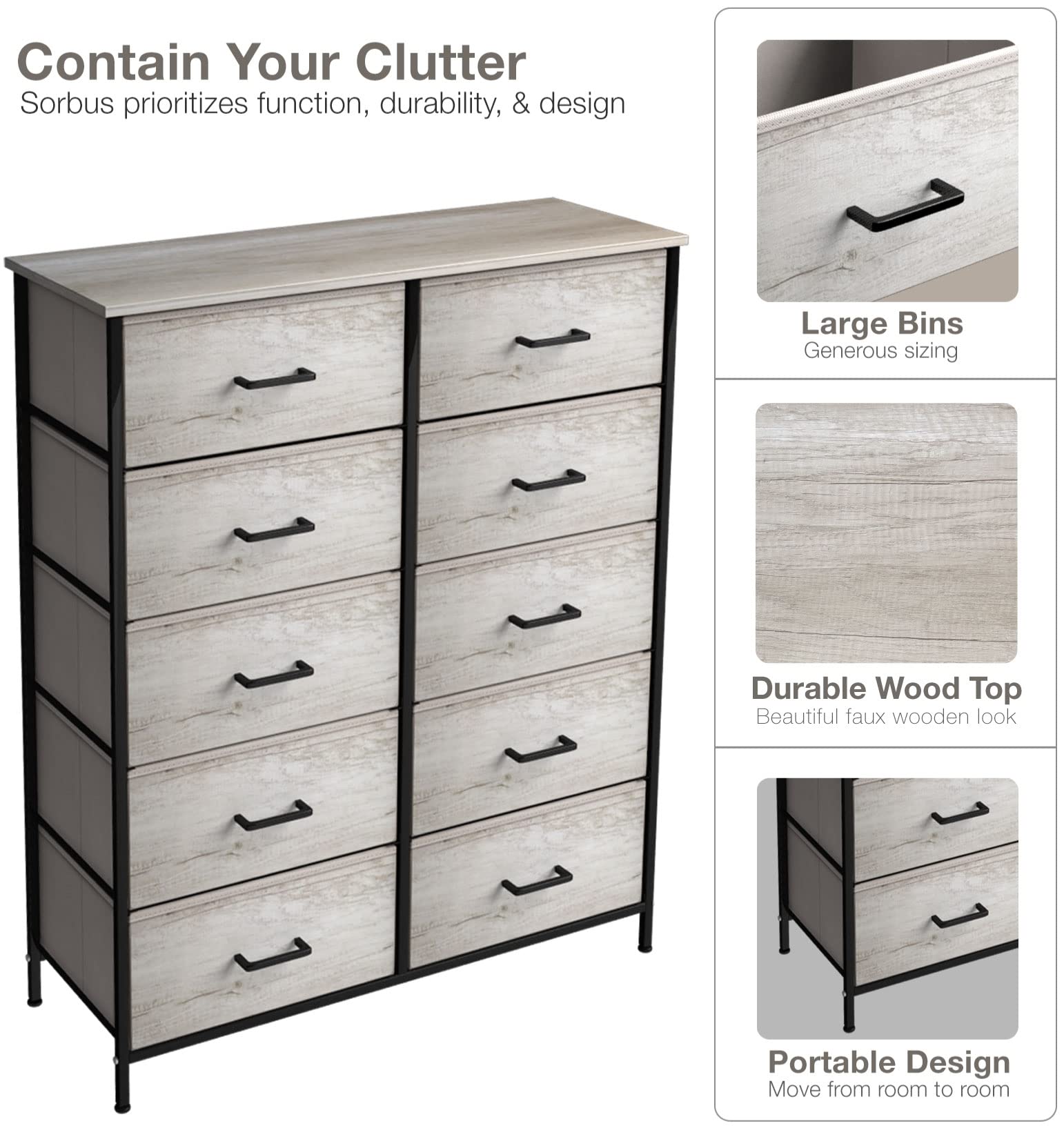 Sorbus 10-Drawer Dresser Organizer with Steel Frame & Wood Top - Fabric Bin Storage Chest for Clothes, Bedroom, Closet & Living Room - Space-Saving Home Furniture for Small Apartments & Dorm Rooms