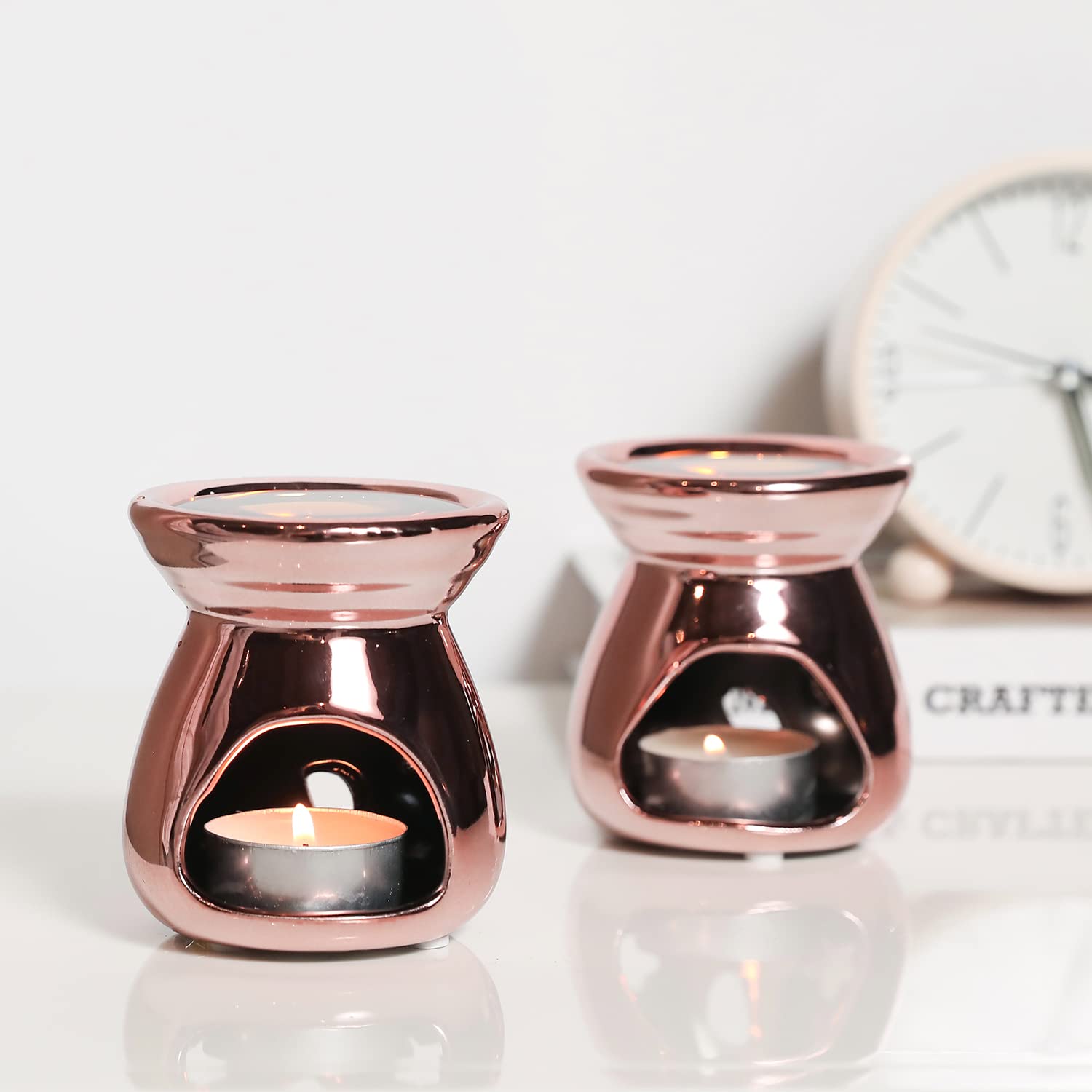 MyGift Copper Ceramic Aromatherapy Essential Oil Diffuser & Wax Warmer - 2-Piece Set with Stars and Moon Cutout Design for Home Spa, Yoga, Meditation & Relaxation