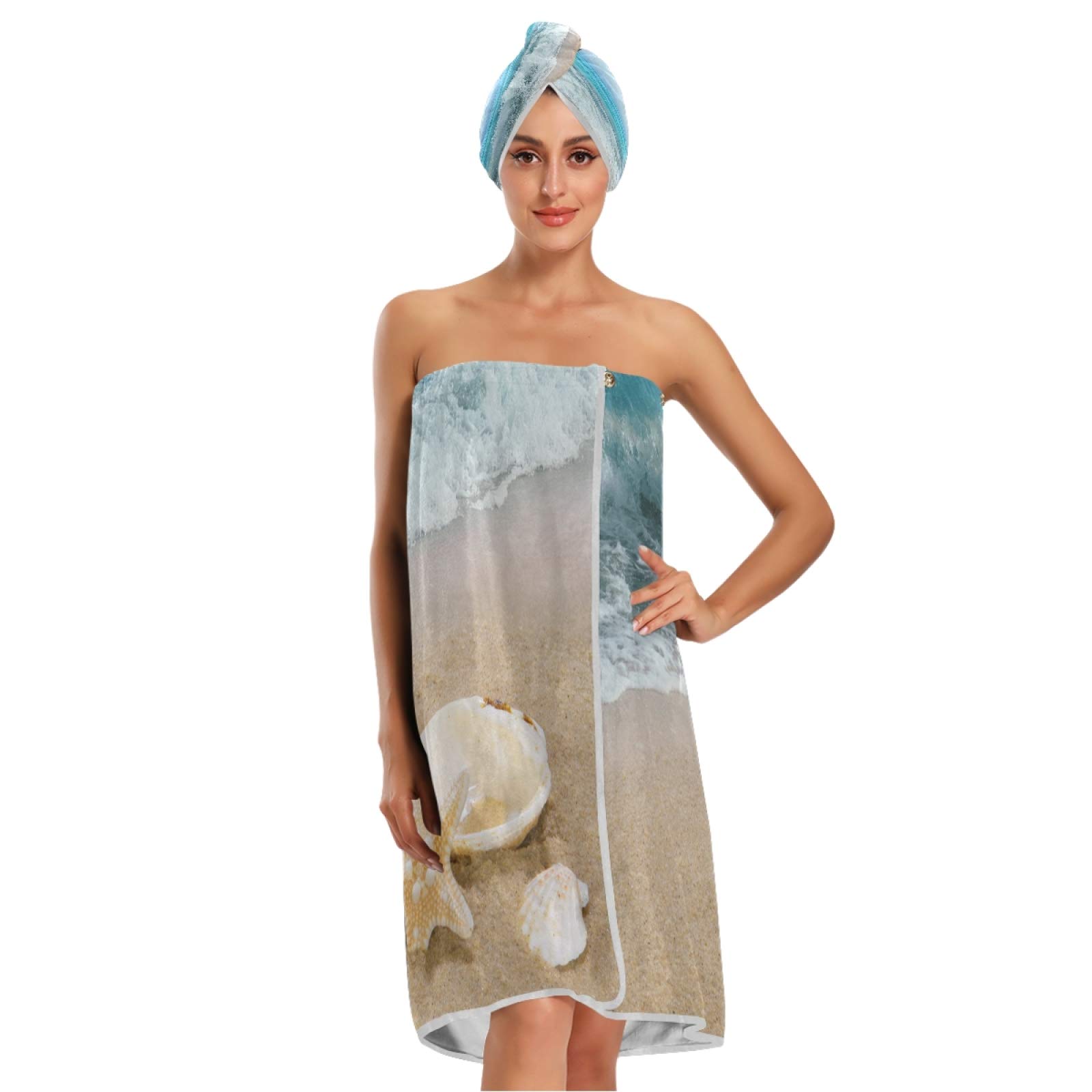**Pfrewn Beach Seashell Starfish Bath Wrap Spa Towel with Adjustable Closure - Soft Hair Towel Headband for Women, Ocean Wave Sand Design - Perfect for Spa, Beach, and Shower Relaxation**
