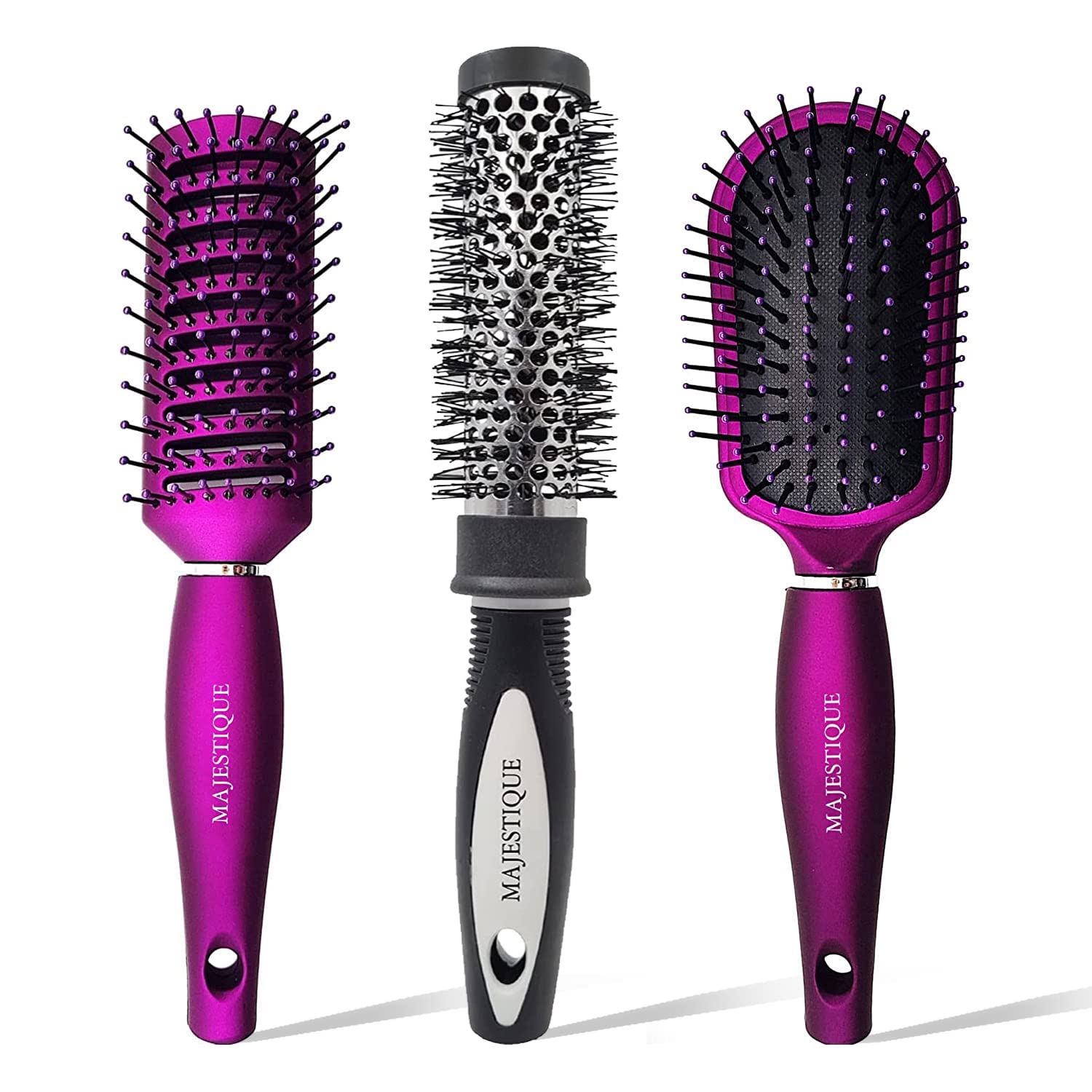 Majestique Hair Brush Set - Detangling Brush, Round Blow Dry Brush & Vent Hair Brush for Smooth Styling - Professional Hair Brushes for Women (Purple/Black) - Perfect for Home Salon, Travel & Daily Hair Care