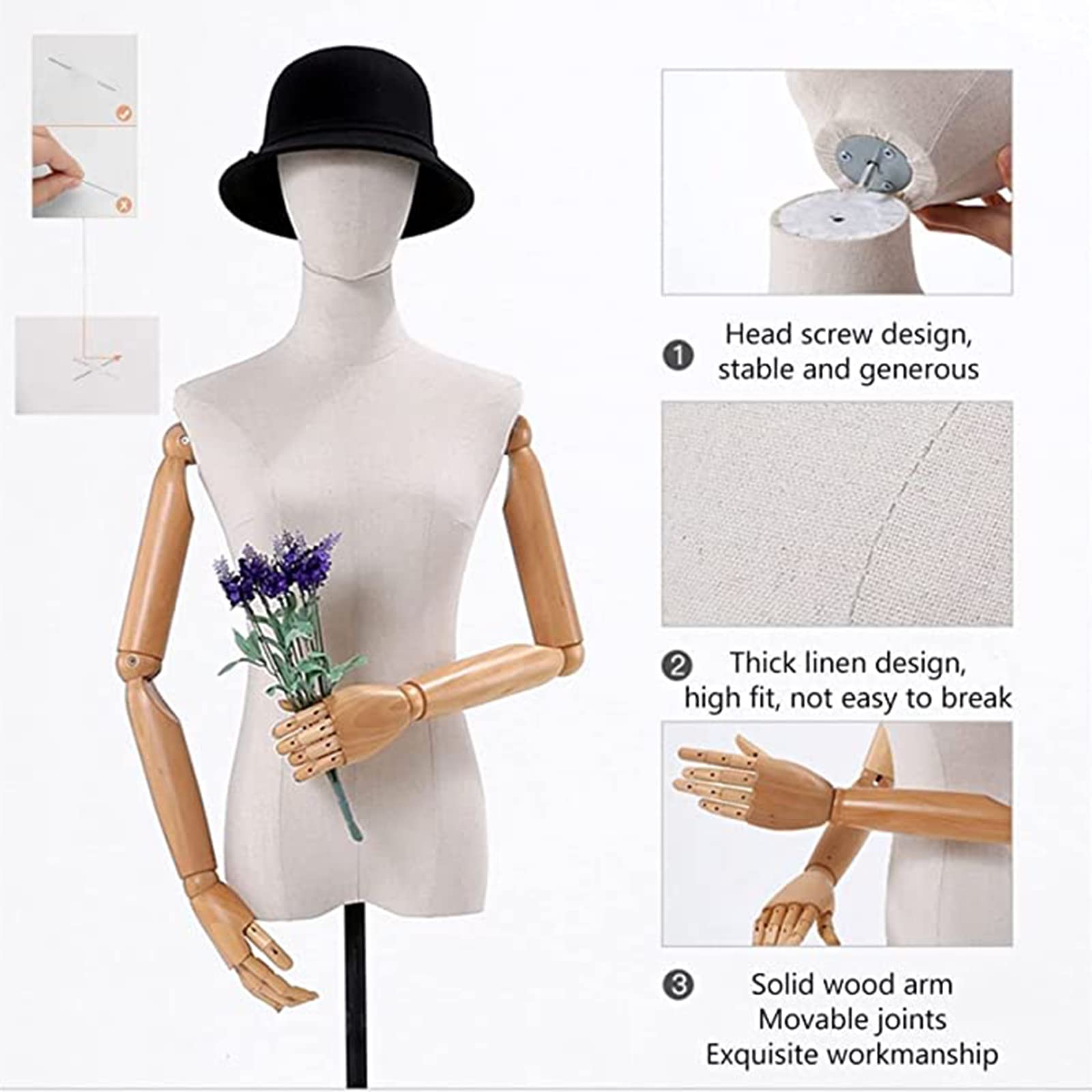 Female Mannequin Dress Form Torso with Detachable Head - Adjustable Height 55