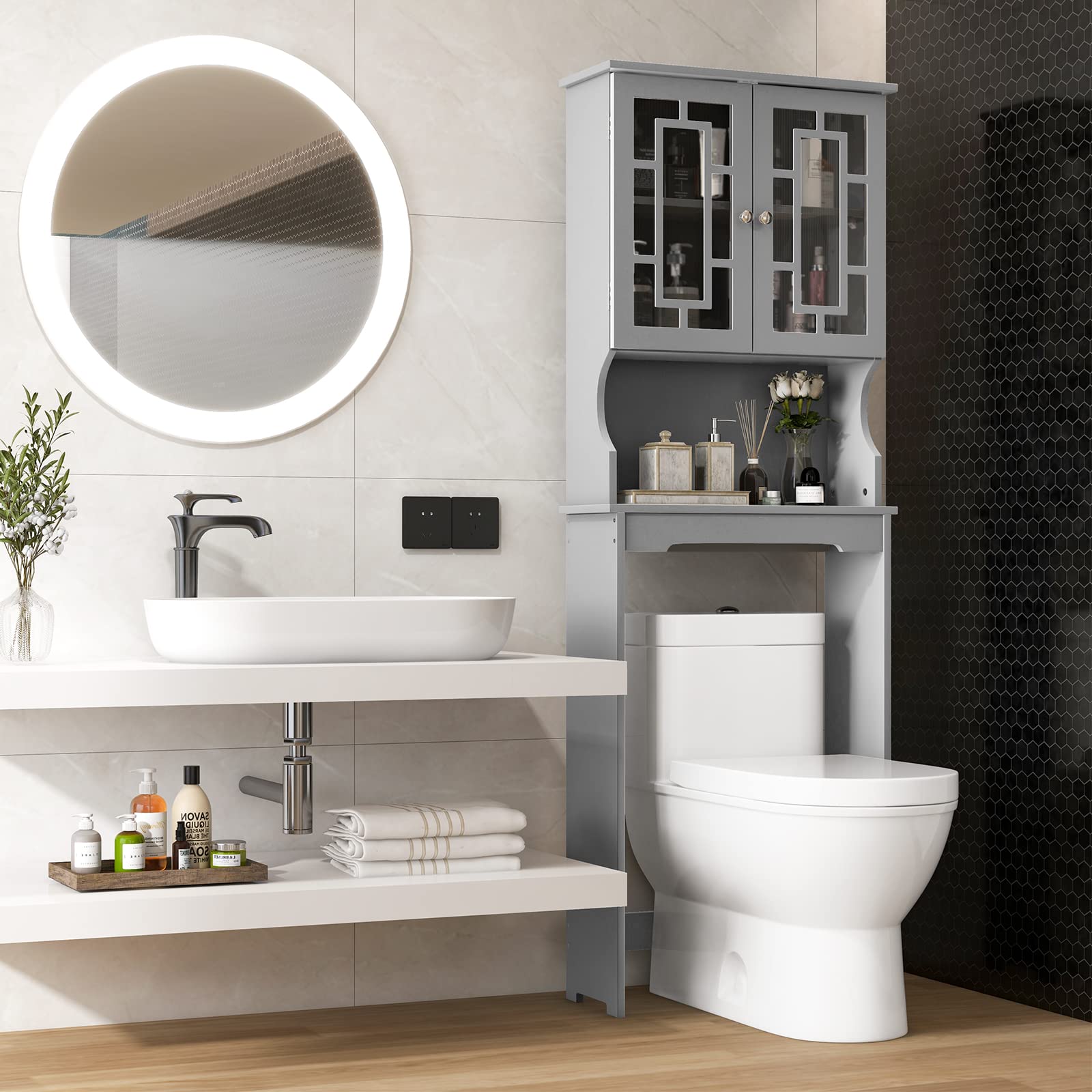 Giantex Over-The-Toilet Storage Organizer with Cabinet & Shelf - Space Saving Bathroom Storage Rack for Towels, Toiletries & Cleaning Supplies - Above Toilet Standing Shelf (Gray) - Perfect for Small Bathrooms & Apartment Living