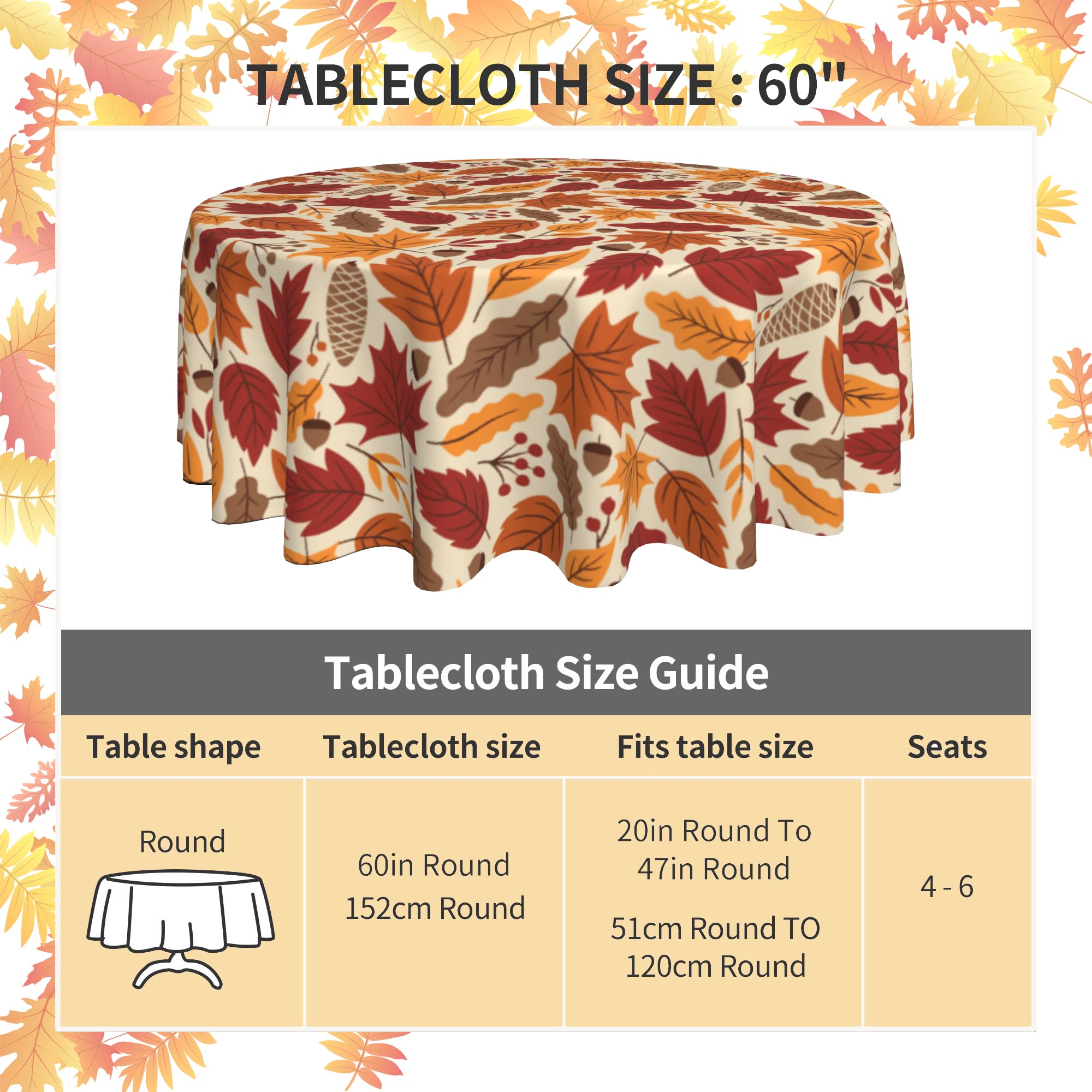 60 Inch Fall Maple Leaf Round Tablecloth - Waterproof, Wrinkle-Resistant, Easy to Clean Autumn Table Cover for Thanksgiving, Home Decor, Kitchen & Dining Room