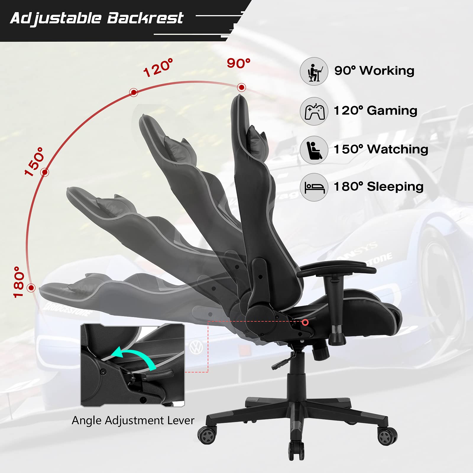GYMAX Ergonomic Gaming Chair with Adjustable Headrest & Lumbar Support - Reclining Computer Chair for Adults - Comfortable Office Desk Chair for Gamers & Professionals - Perfect for Long Gaming Sessions & Remote Work (Grey)