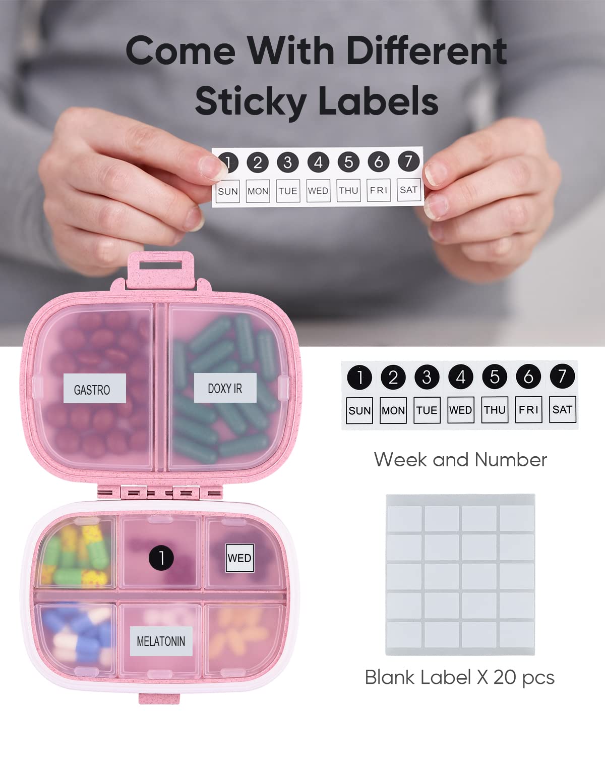 Holii 8-Compartment Travel Pill Organizer - Portable Daily Pill Case for Vitamins & Medicine - Compact Pill Container for Purse, Pocket & On-The-Go Use (Pink)