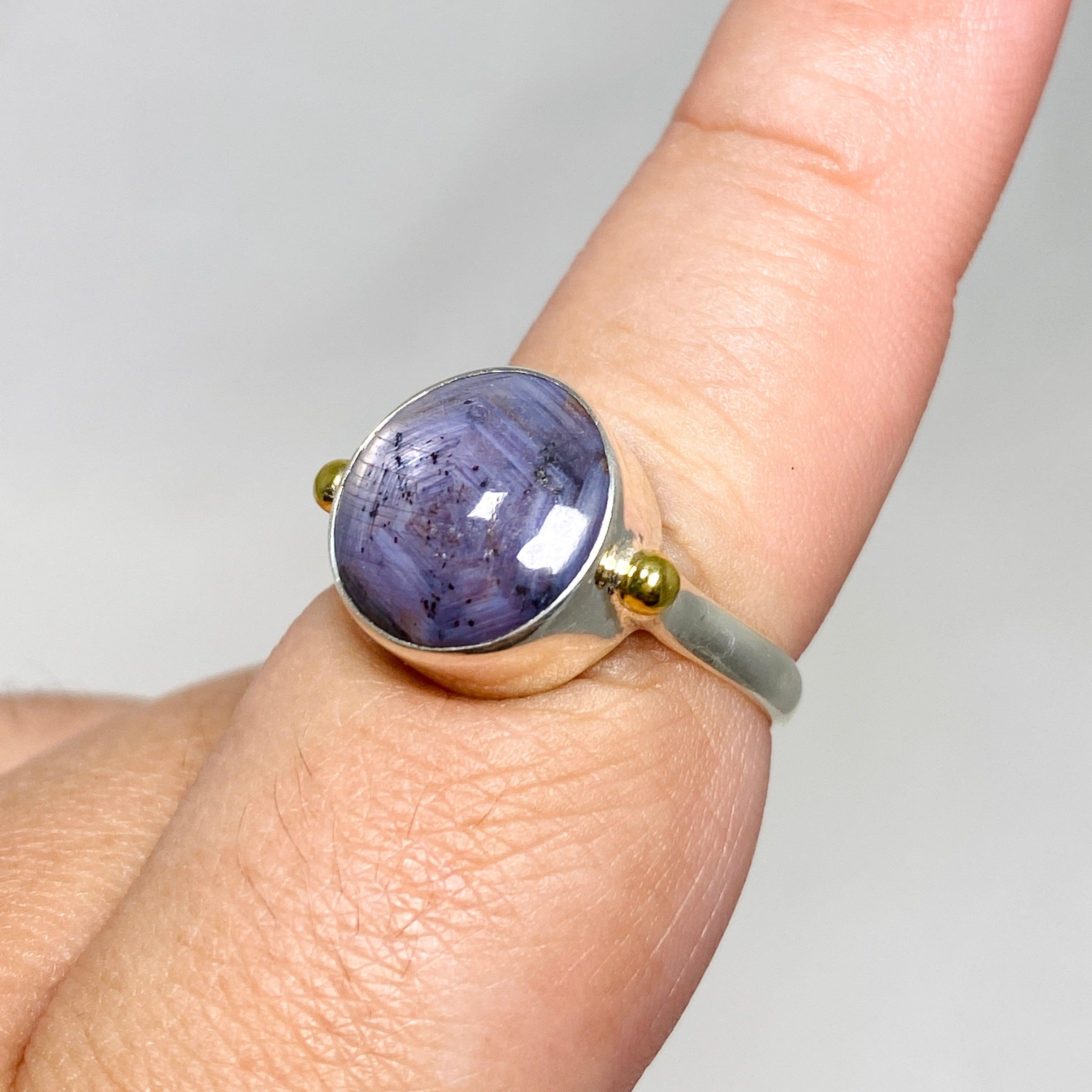 Elegant Sapphire Round Ring with Brass Accents - Size 9 KRGJ3179 | Perfect for Weddings, Anniversaries & Special Occasions