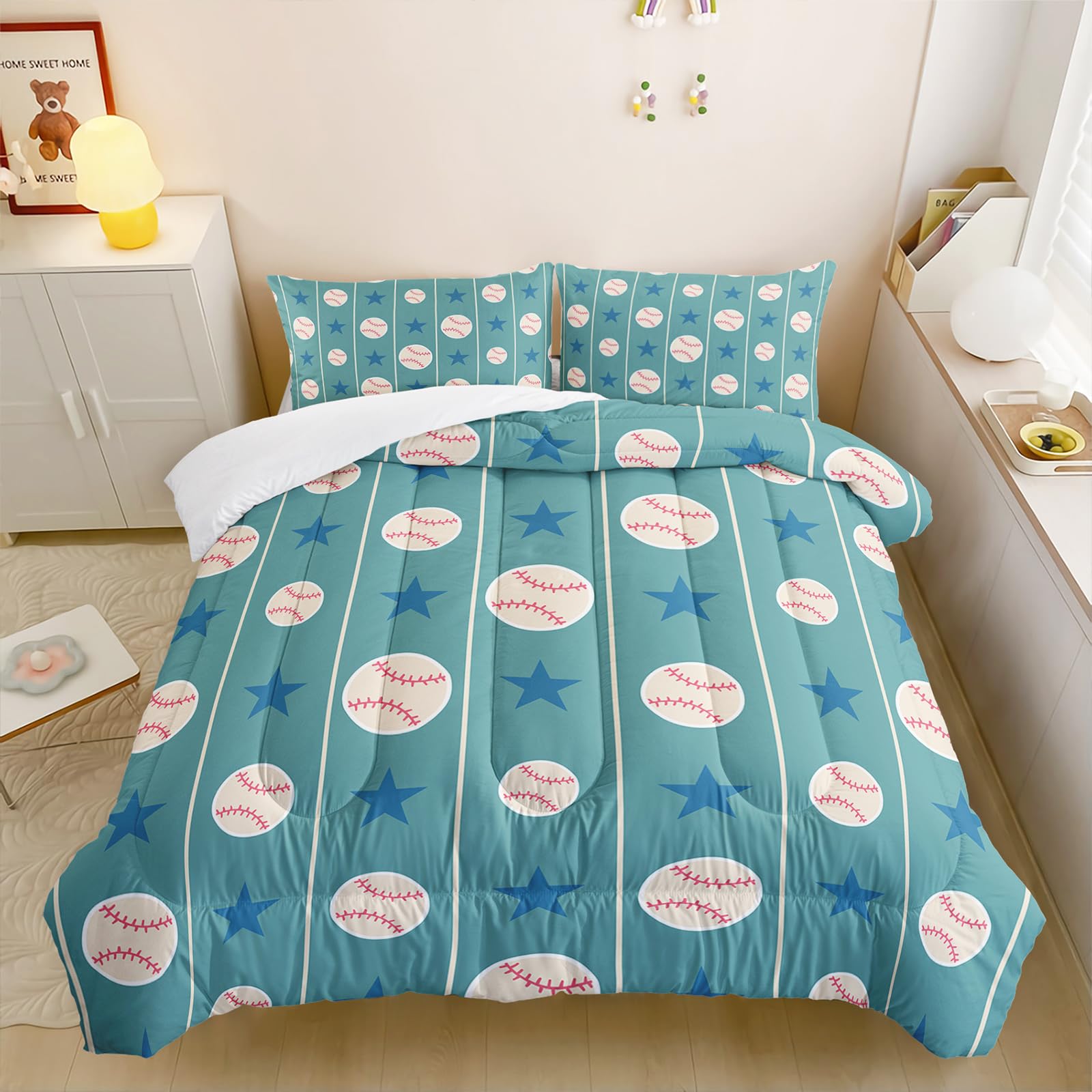 Soft Lightweight Baseball & Softball Comforter Set - 3D Quilt with Straight Line & Pentagram Design for Kids Bedroom, Twin Size (1 Comforter + 2 Pillowcases) - Perfect for Sports Themed Rooms & Baseball Lovers' Bedding Decor
