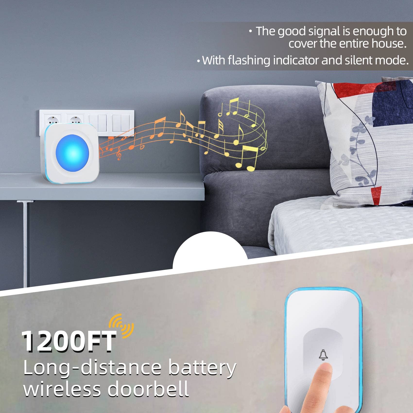Wireless Doorbell with 36 Melodies & LED Light - 1200ft Range, Battery Operated, Portable Chime for Home, Office, Hearing Impaired - Easy Installation & Adjustable Volume (1 Button + 1 Receiver, White) - Perfect for Apartments, Houses, Elderly & People with Disabilities
