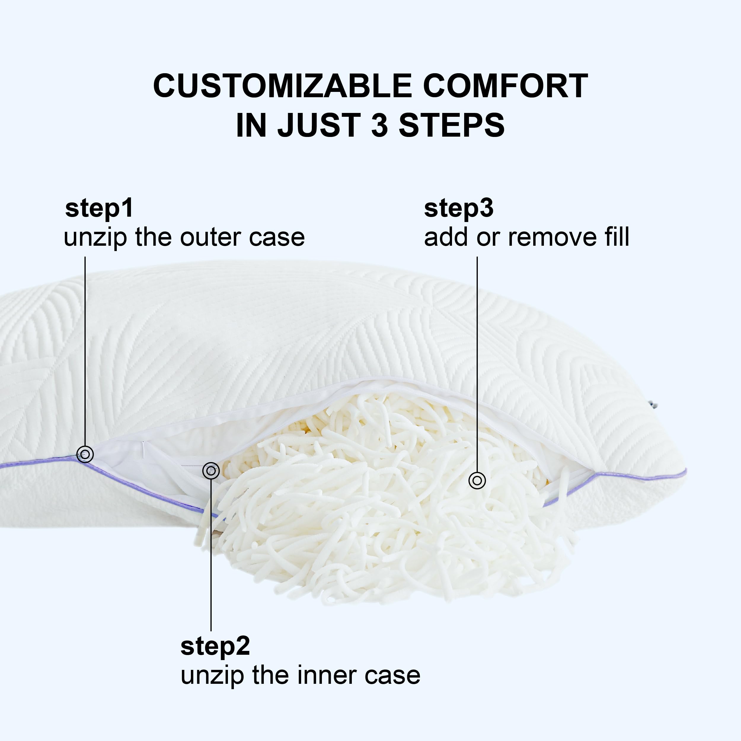 Shredded Memory Foam Pillows - Queen Size Set of 2, Cooling & Adjustable for Hot Sleepers, Washable Cover for Home & Travel