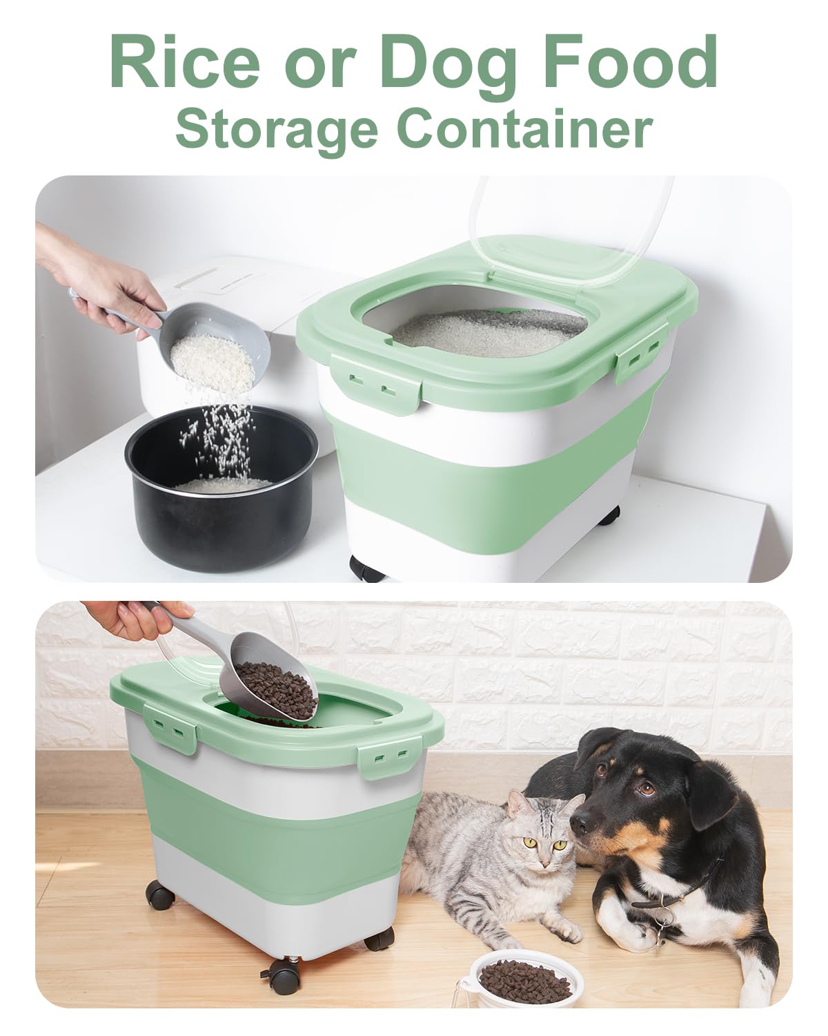 20-30 Lbs Airtight Collapsible Rice Storage Container with Rolling Wheels & Locking Lid - Flour & Pet Food Storage Bin with Measuring Cup & Scoop - Ideal for Kitchen, Pantry, Camping & Bulk Food Organization